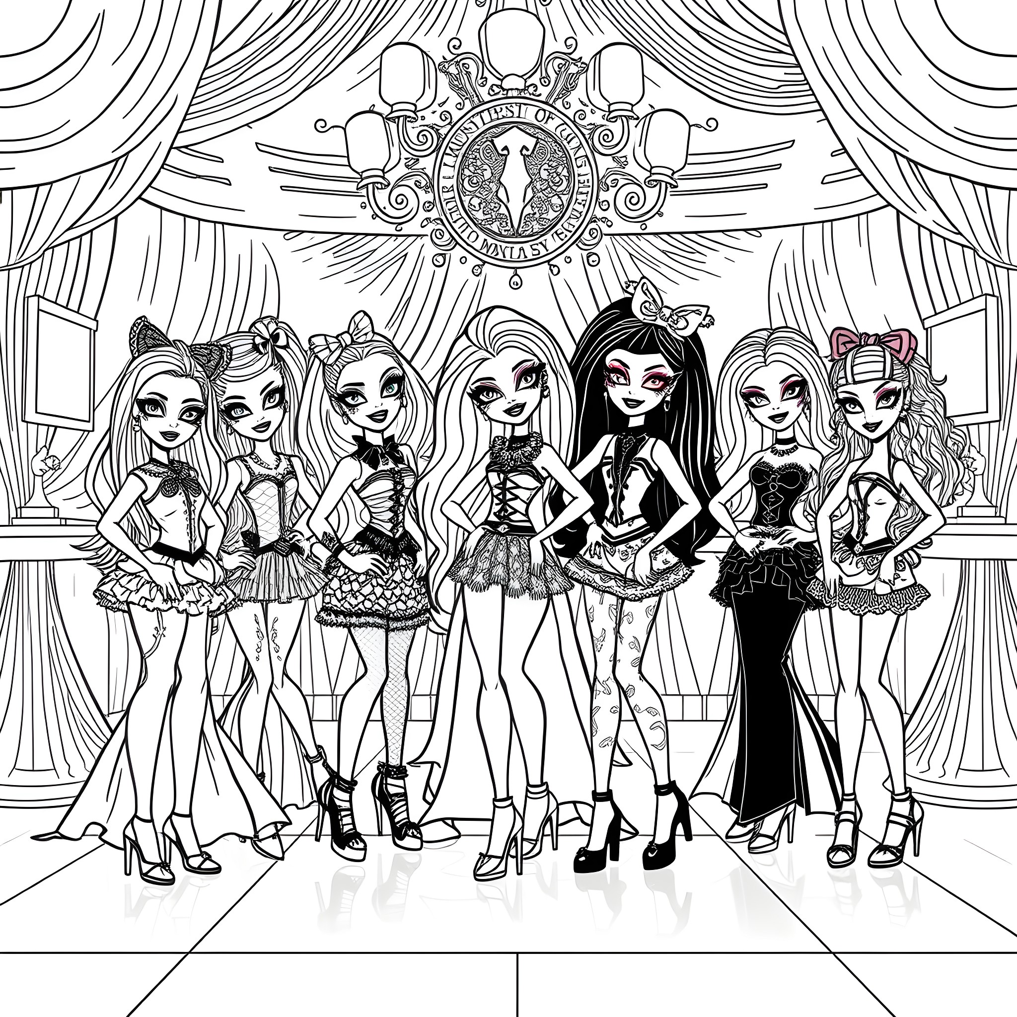 Monster High characters posing in glamorous outfits Coloring Page (free black-and-white line drawing printable PDF for all, from beginners to advanced learners, including children, teens, adults, and seniors)
