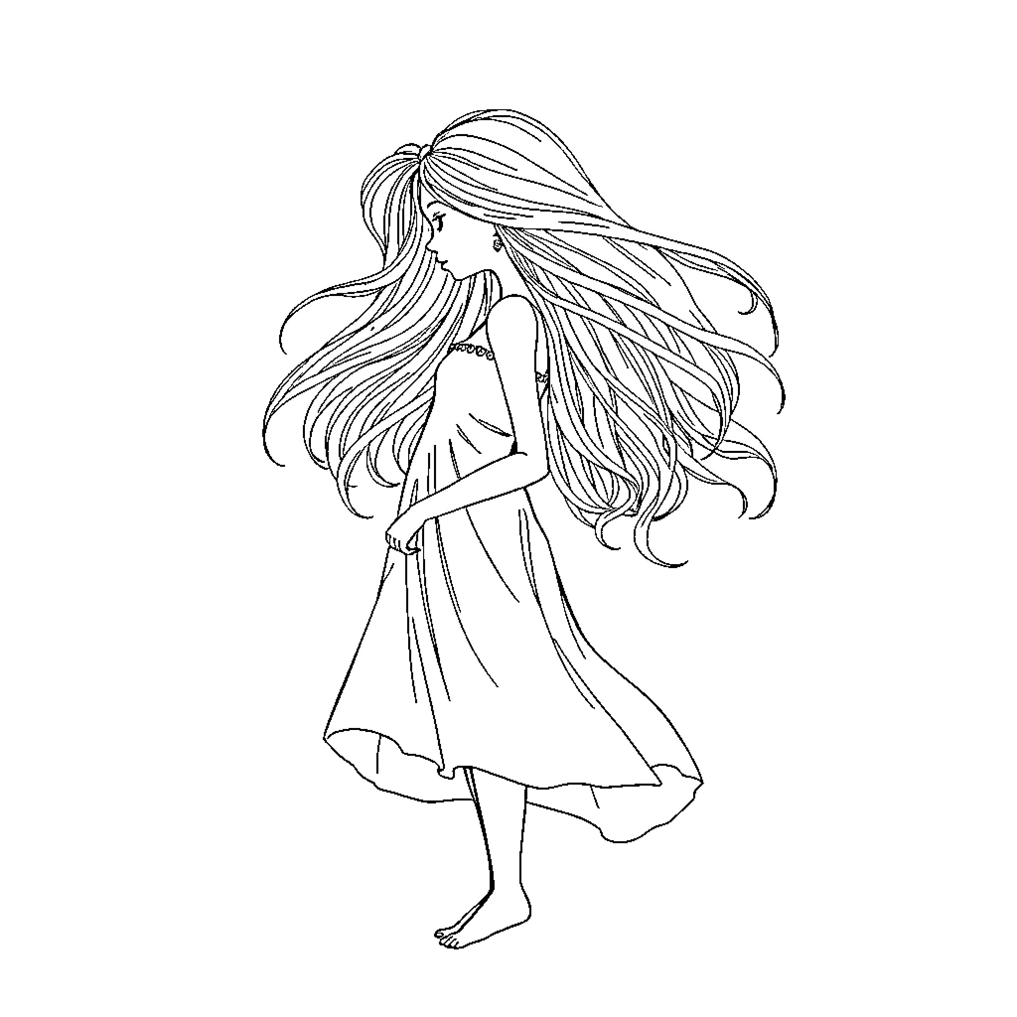 Girl with flowing hair in a graceful pose Coloring Page (free black-and-white line drawing printable PDF for all, from beginners to advanced learners, including children, teens, adults, and seniors)