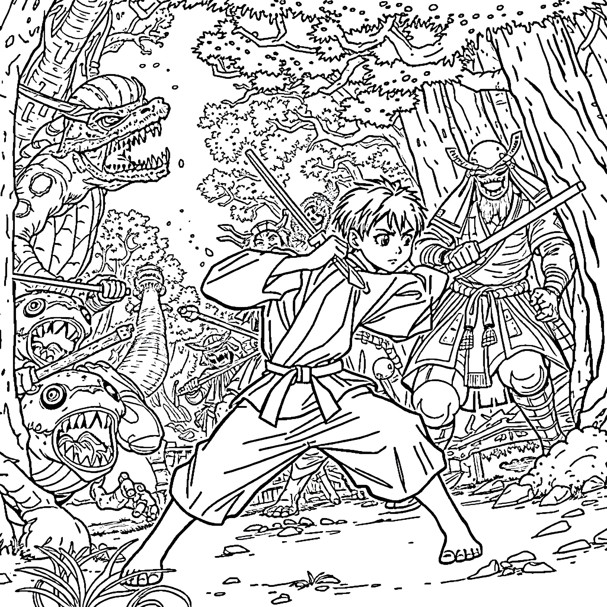 Judo Boy Battling Fantastical Creatures in the Wilderness Coloring Page (free black-and-white line drawing printable PDF for all, from beginners to advanced learners, including children, teens, adults, and seniors)
