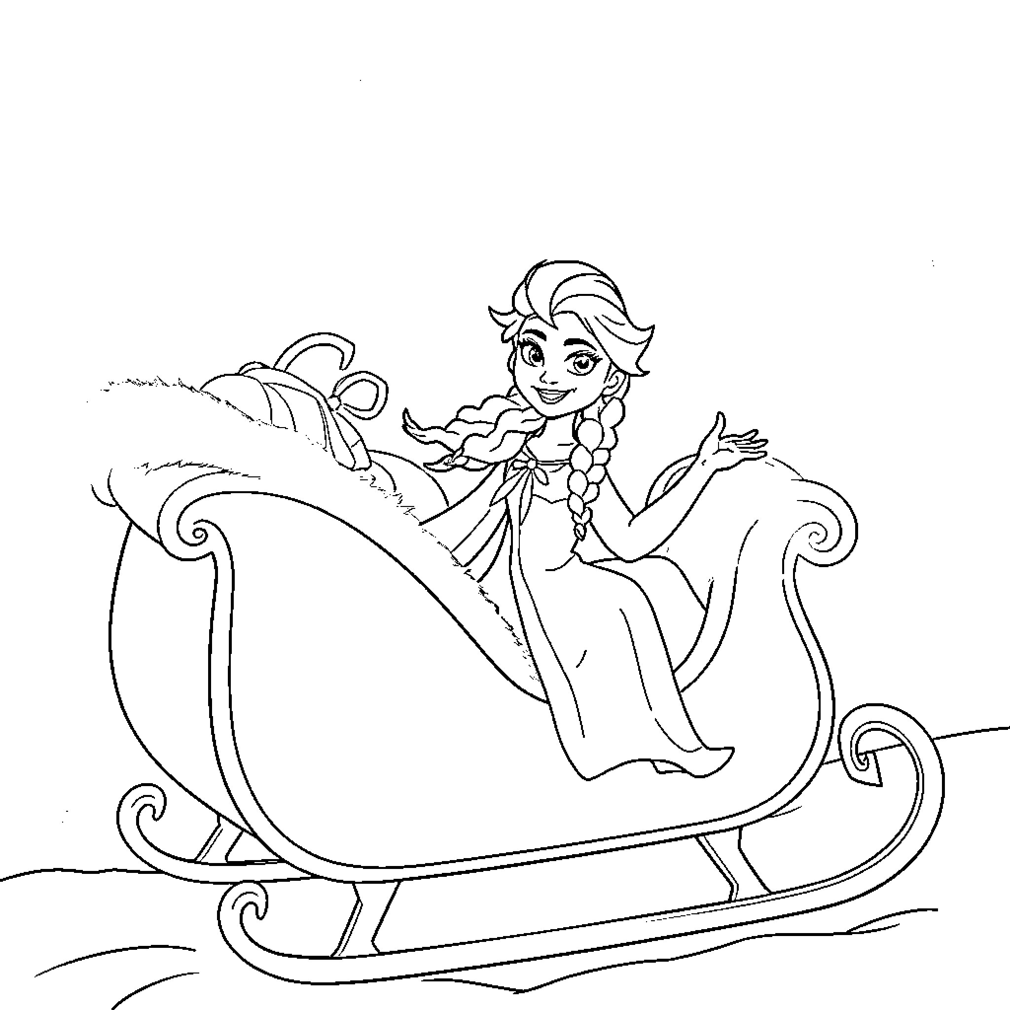 Elsa's Festive Sleigh Ride Coloring Page (free black-and-white line drawing printable PDF for all, from beginners to advanced learners, including children, teens, adults, and seniors)