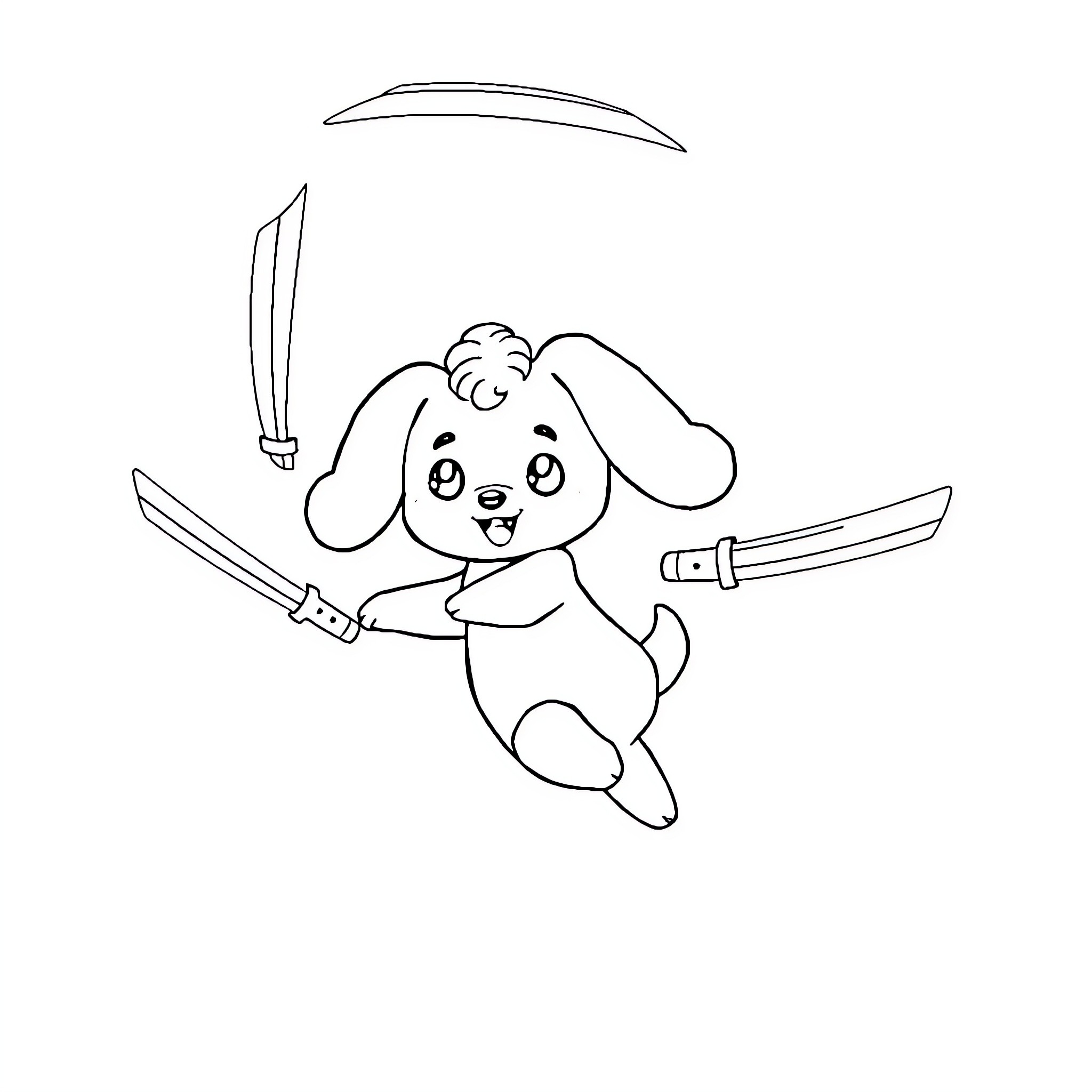 Cinnamoroll wielding swords playfully Coloring Page (free black-and-white line drawing printable PDF for all, from beginners to advanced learners, including children, teens, adults, and seniors)