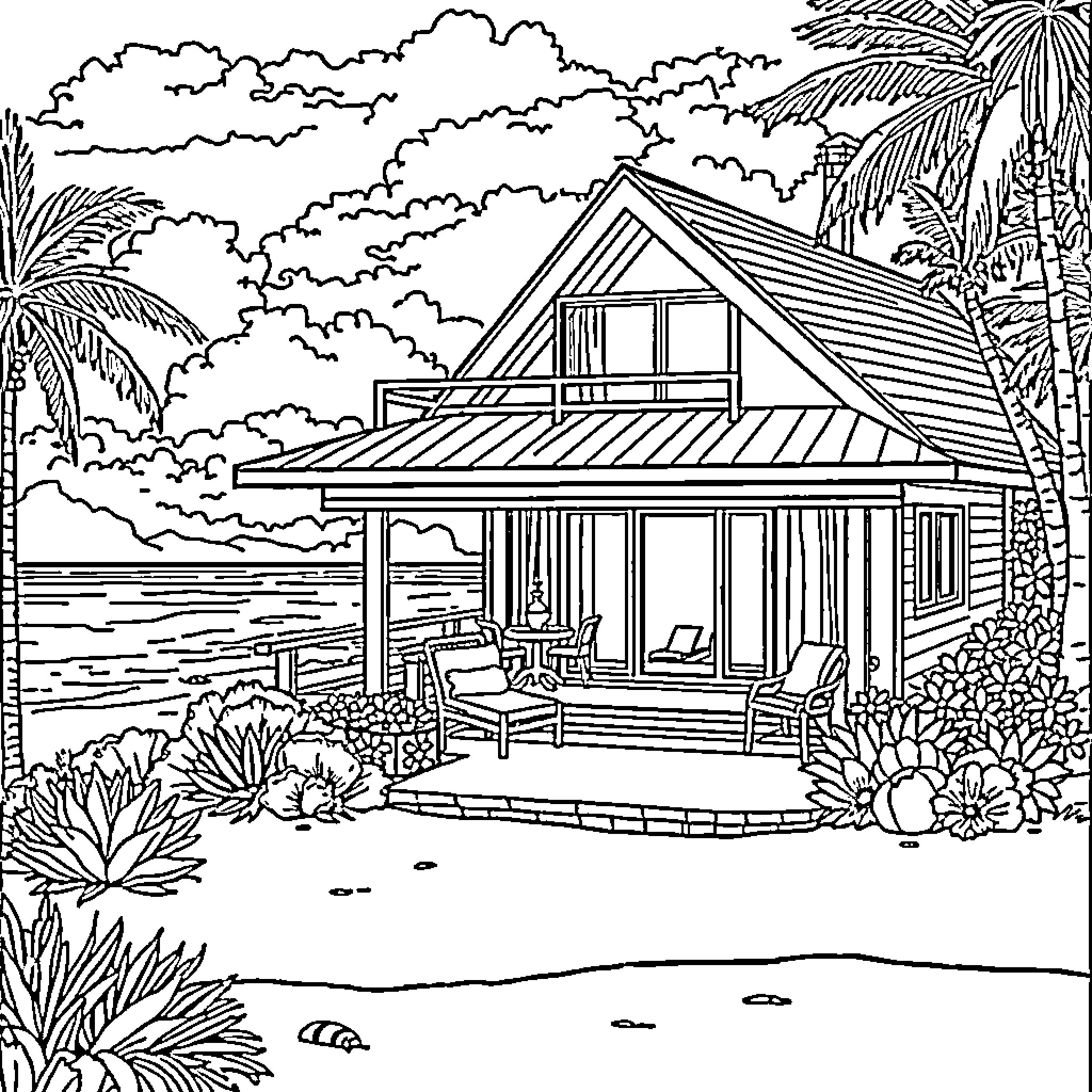 House with porch overlooking tropical scenery Coloring Page (free black-and-white line drawing printable PDF for all, from beginners to advanced learners, including children, teens, adults, and seniors)