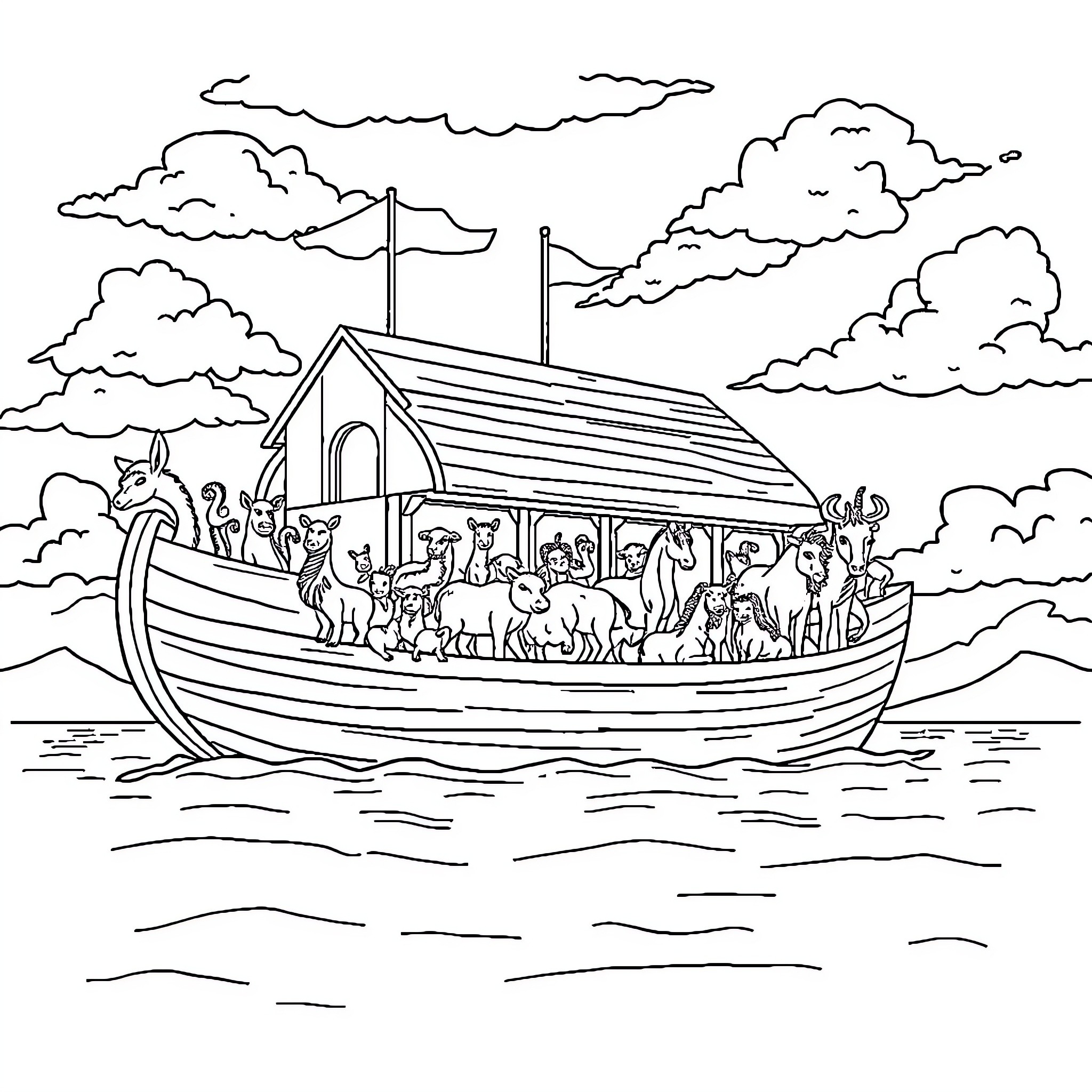 Noah's Ark Carrying Diverse Animals and People Coloring Page (free black-and-white line drawing printable PDF for all, from beginners to advanced learners, including children, teens, adults, and seniors)
