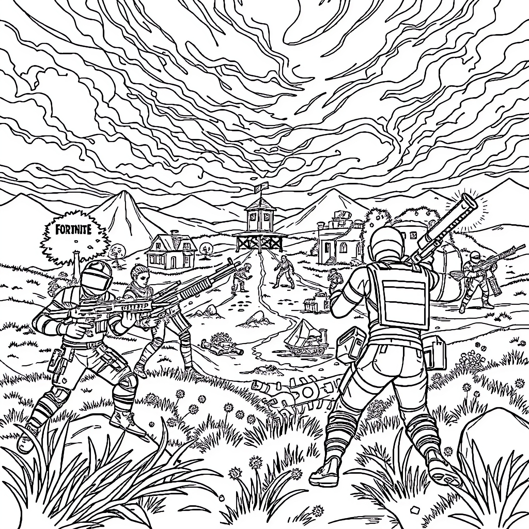 Fortnite Battle Royale Scene with Characters and Weapons Coloring Page (free black-and-white line drawing printable PDF for all, from beginners to advanced learners, including children, teens, adults, and seniors)