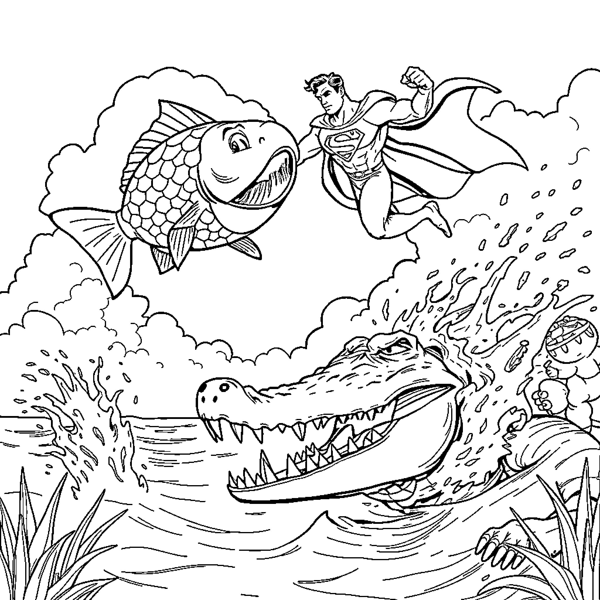 Fish Rescued by Superhero from Crocodile Attack Coloring Page (free black-and-white line drawing printable PDF for all, from beginners to advanced learners, including children, teens, adults, and seniors)