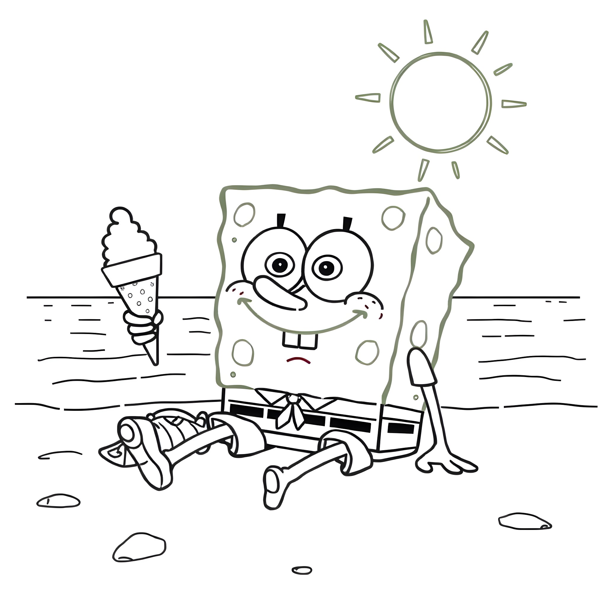 Spongebob relaxing on the beach with an ice cream Coloring Page (free black-and-white line drawing printable PDF for all, from beginners to advanced learners, including children, teens, adults, and seniors)
