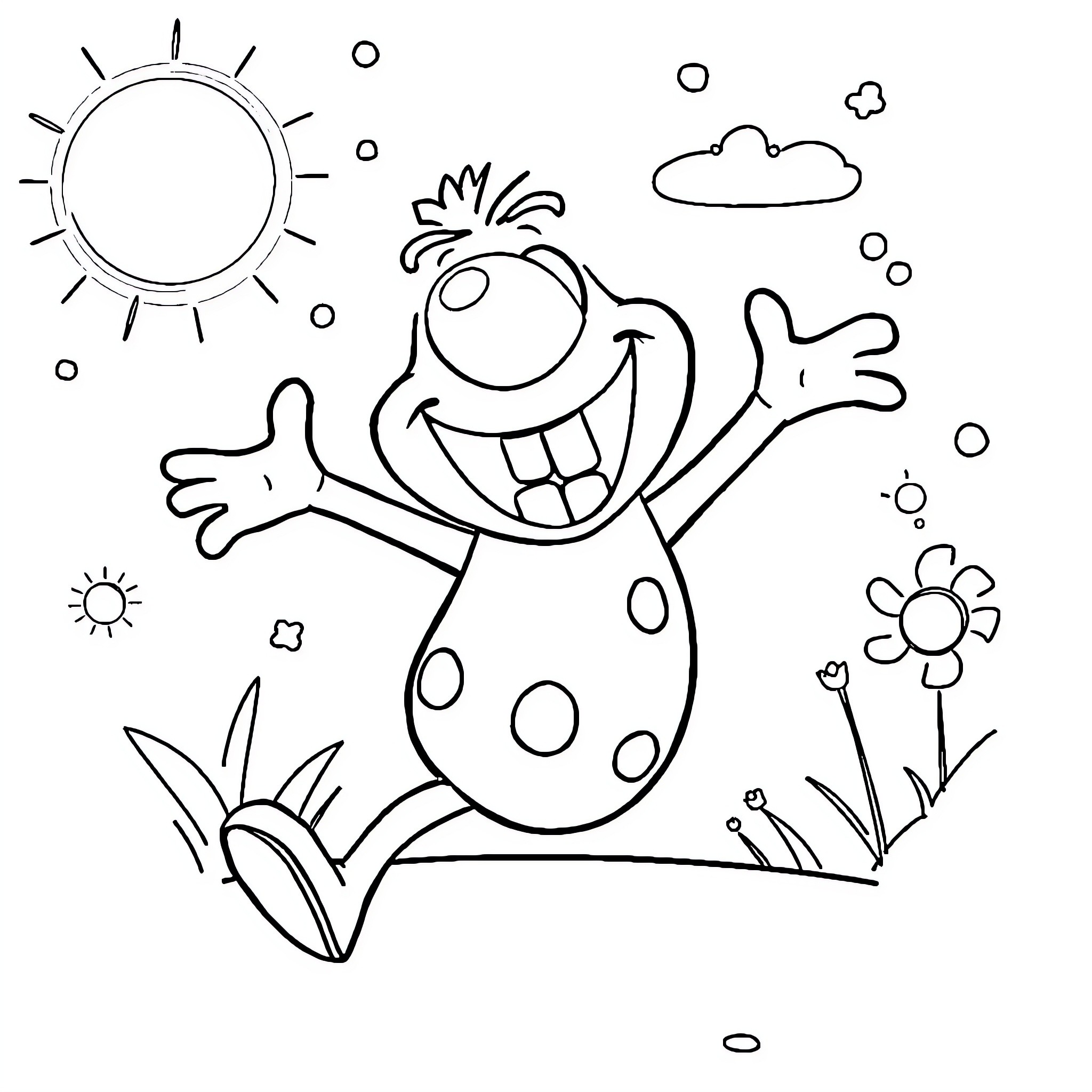 Plim Plim Joyful Creature in Nature Coloring Page (free black-and-white line drawing printable PDF for all, from beginners to advanced learners, including children, teens, adults, and seniors)