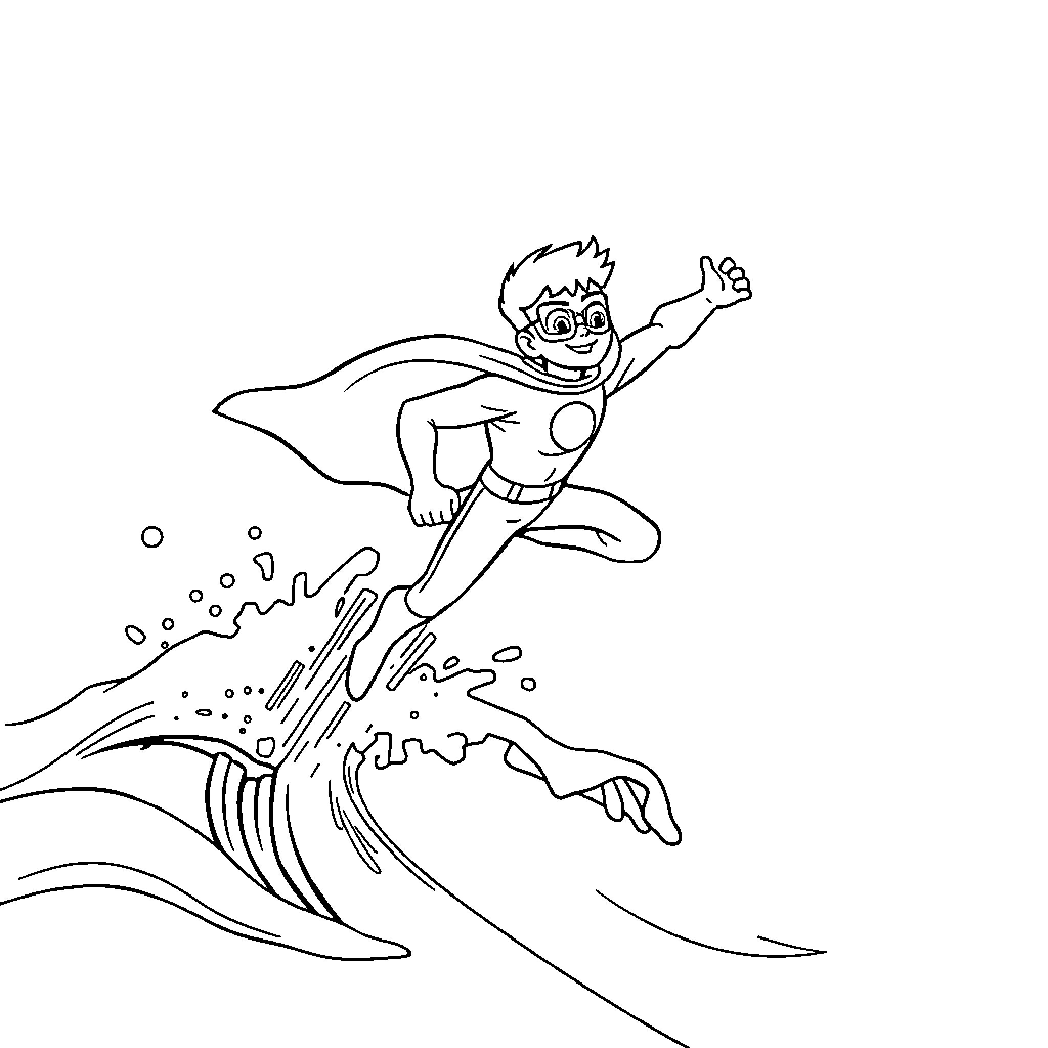 Water Superhero surfing heroically on waves Coloring Page (free black-and-white line drawing printable PDF for all, from beginners to advanced learners, including children, teens, adults, and seniors)