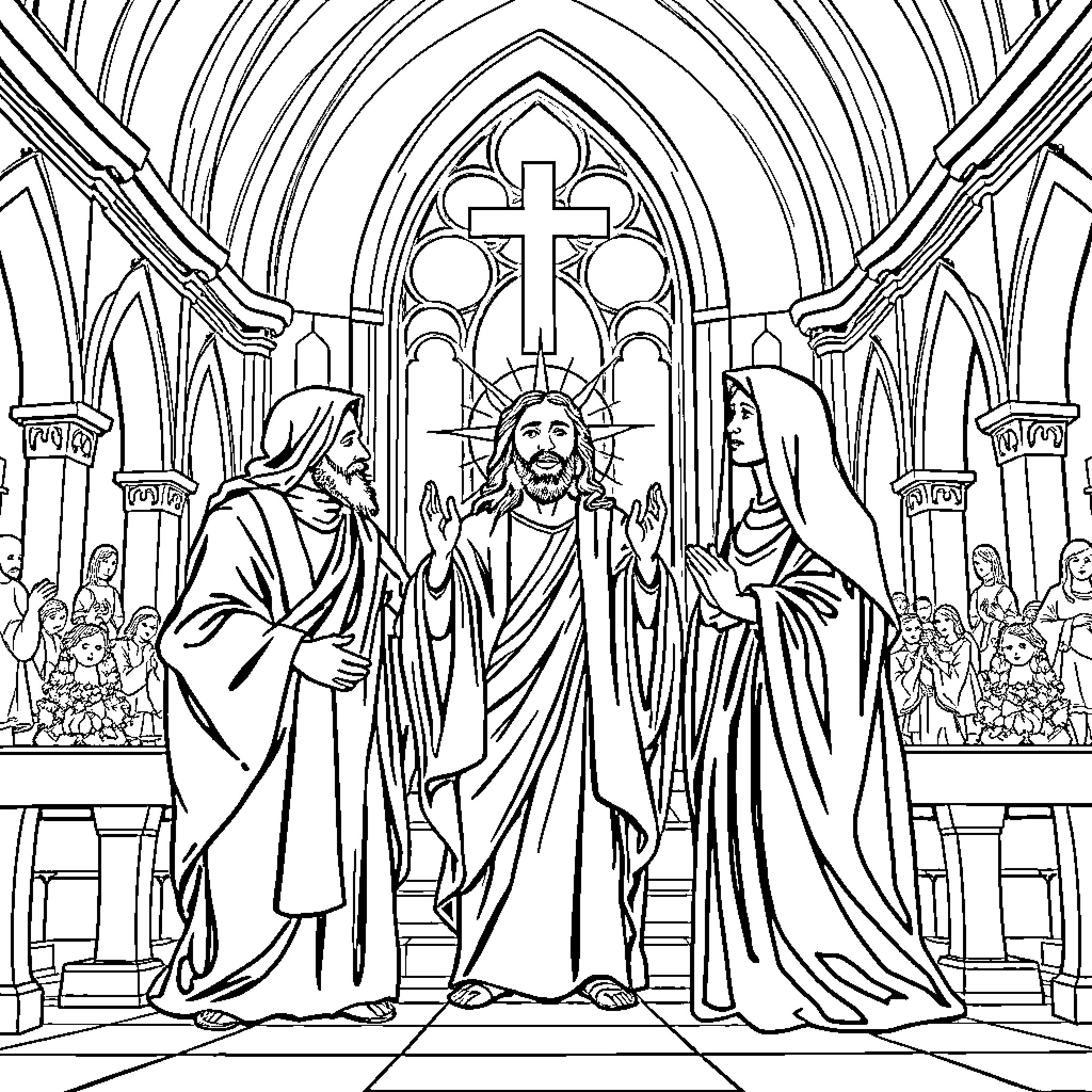 Jesus teaching in the church with his disciples Coloring Page (free black-and-white line drawing printable PDF for all, from beginners to advanced learners, including children, teens, adults, and seniors)