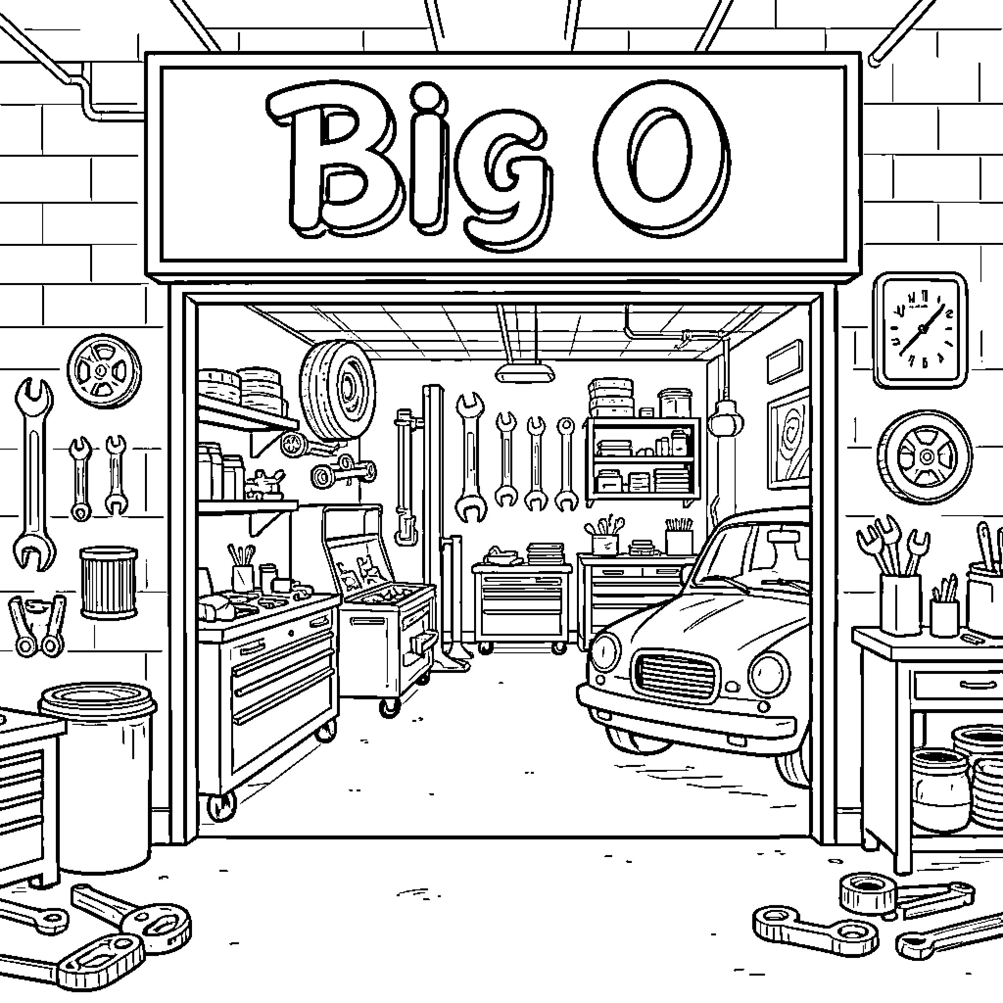 Auto Repair Shop with Assorted Tools and Equipment Coloring Page (free black-and-white line drawing printable PDF for all, from beginners to advanced learners, including children, teens, adults, and seniors)