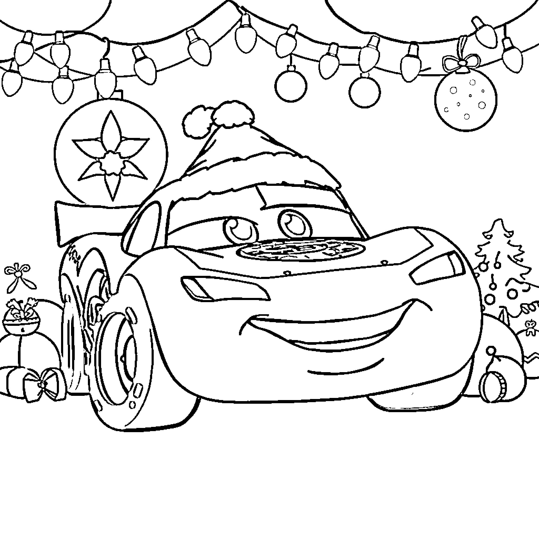 Lightning McQueen in a festive winter scene Coloring Page (free black-and-white line drawing printable PDF for all, from beginners to advanced learners, including children, teens, adults, and seniors)