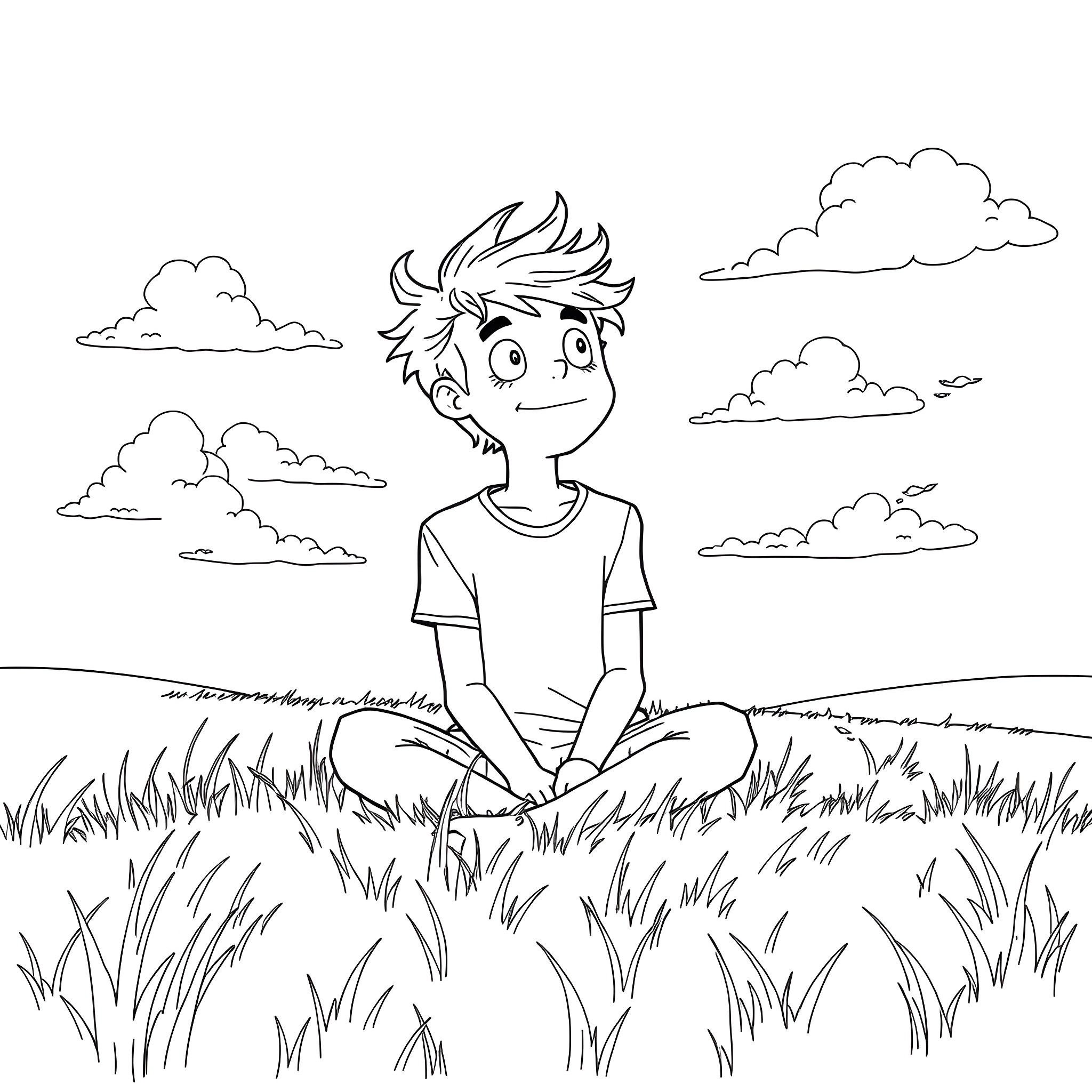 Jake English sitting in a grassy field with clouds Coloring Page (free black-and-white line drawing printable PDF for all, from beginners to advanced learners, including children, teens, adults, and seniors)