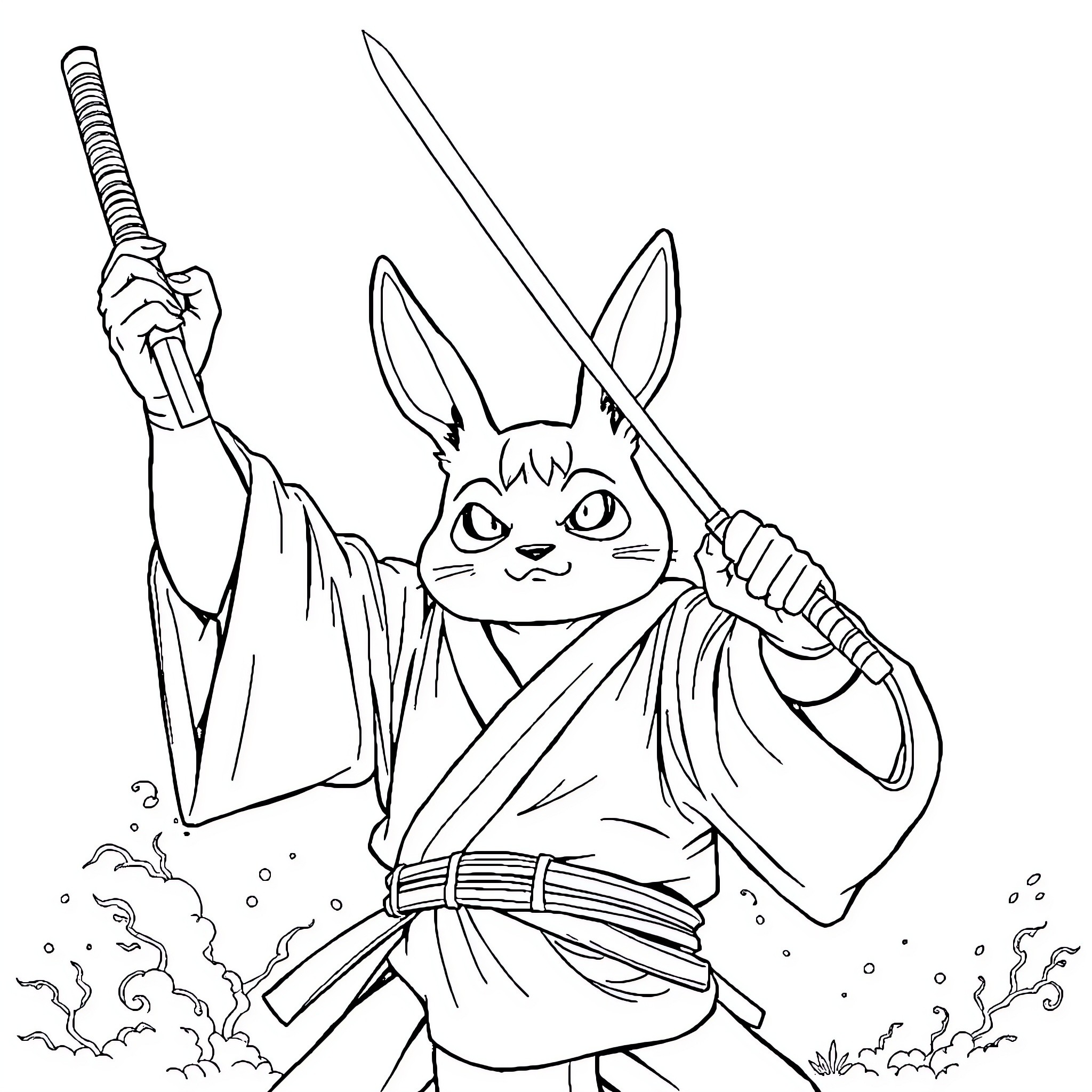 Usagi Yojimbo wielding swords in combat Coloring Page (free black-and-white line drawing printable PDF for all, from beginners to advanced learners, including children, teens, adults, and seniors)