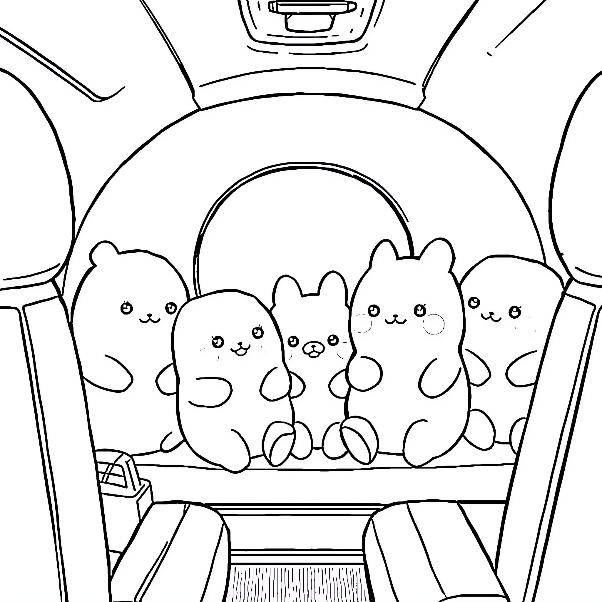 Squishmallow plush toys on a car dashboard Coloring Page (free black-and-white line drawing printable PDF for all, from beginners to advanced learners, including children, teens, adults, and seniors)