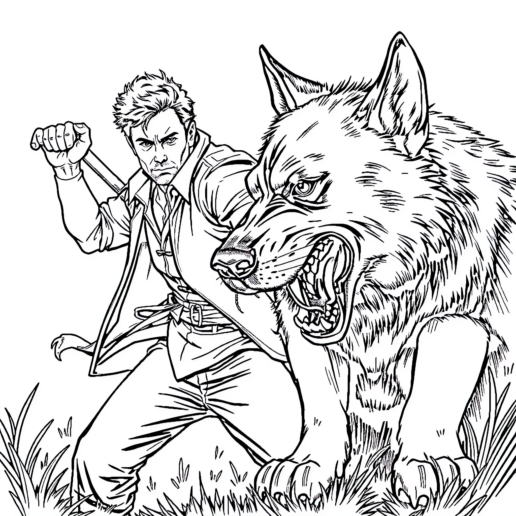 Man fighting ferocious wolf in the wilderness Coloring Page (free black-and-white line drawing printable PDF for all, from beginners to advanced learners, including children, teens, adults, and seniors)