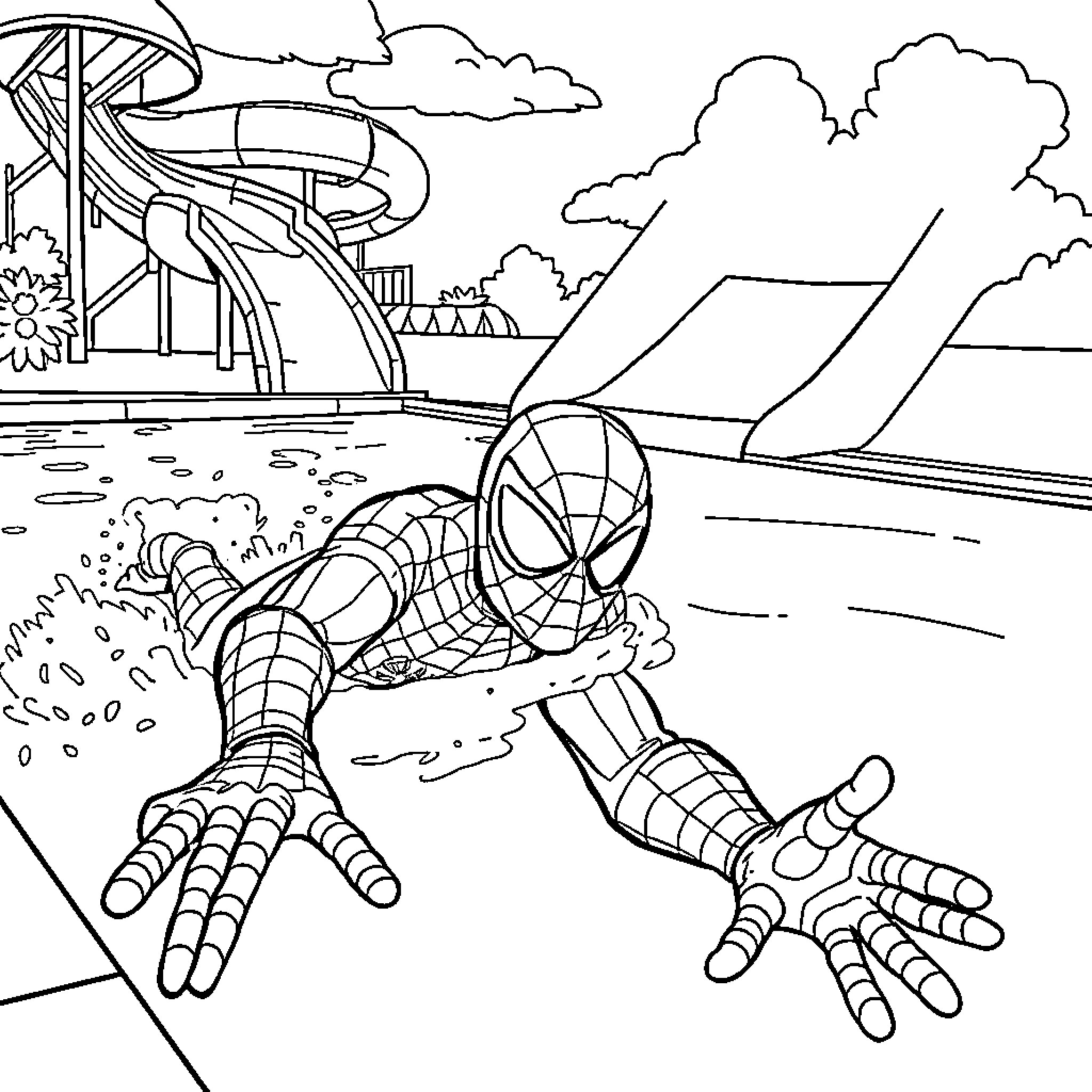 Spiderman climbing and exploring outdoor scene Coloring Page (free black-and-white line drawing printable PDF for all, from beginners to advanced learners, including children, teens, adults, and seniors)