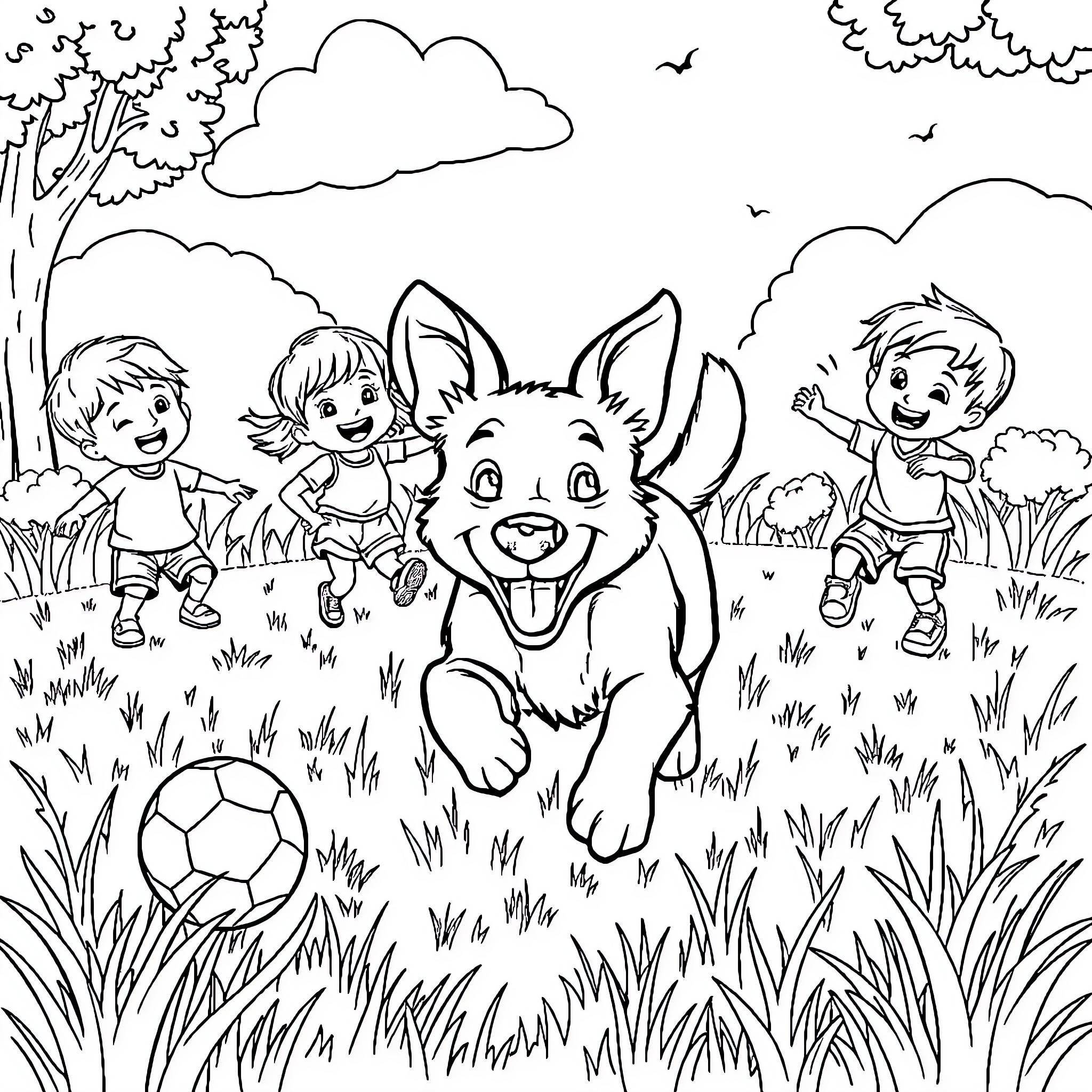 Dog playing with children in the park Coloring Page (free black-and-white line drawing printable PDF for all, from beginners to advanced learners, including children, teens, adults, and seniors)
