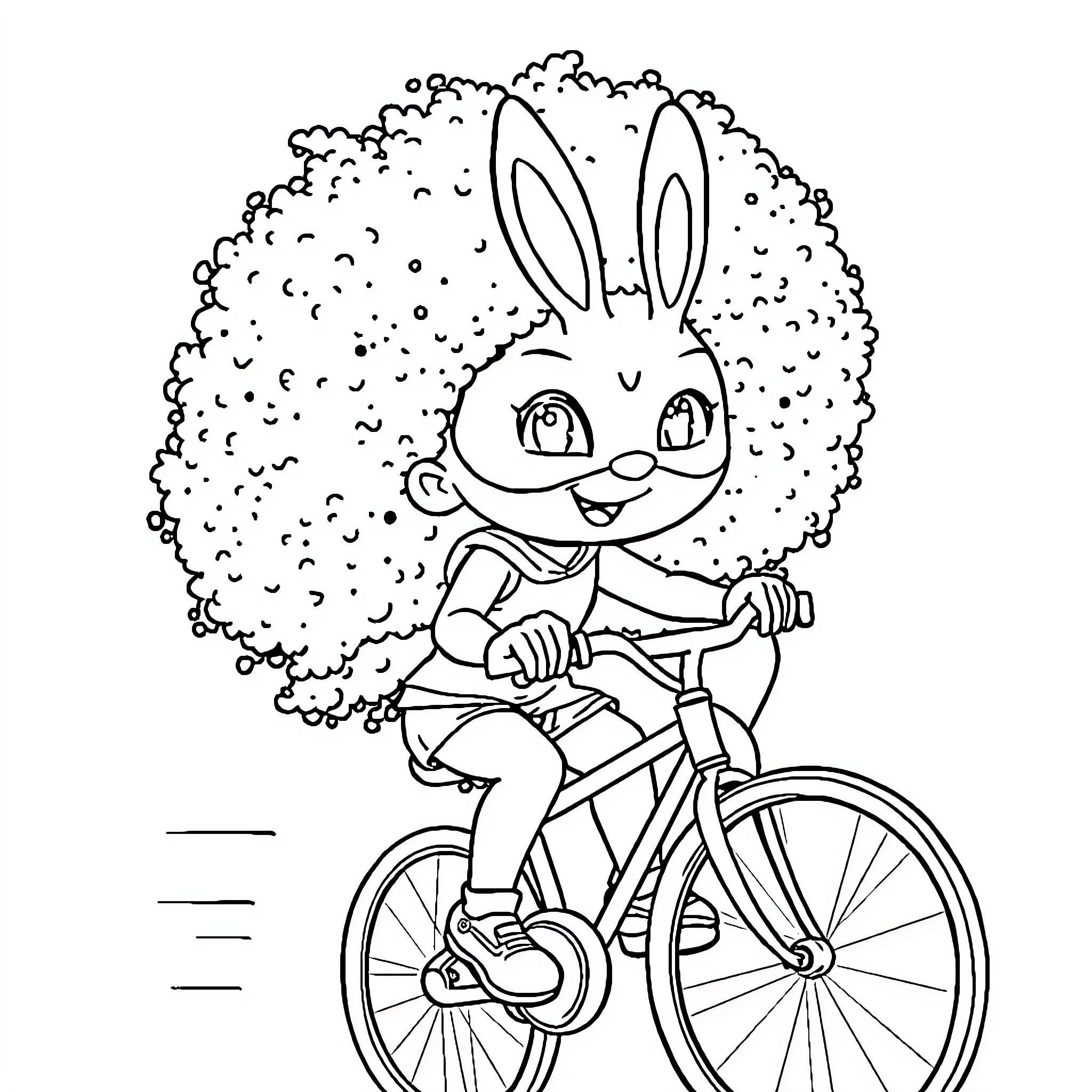 Girl riding bike with cheerful bunny Coloring Page (free black-and-white line drawing printable PDF for all, from beginners to advanced learners, including children, teens, adults, and seniors)