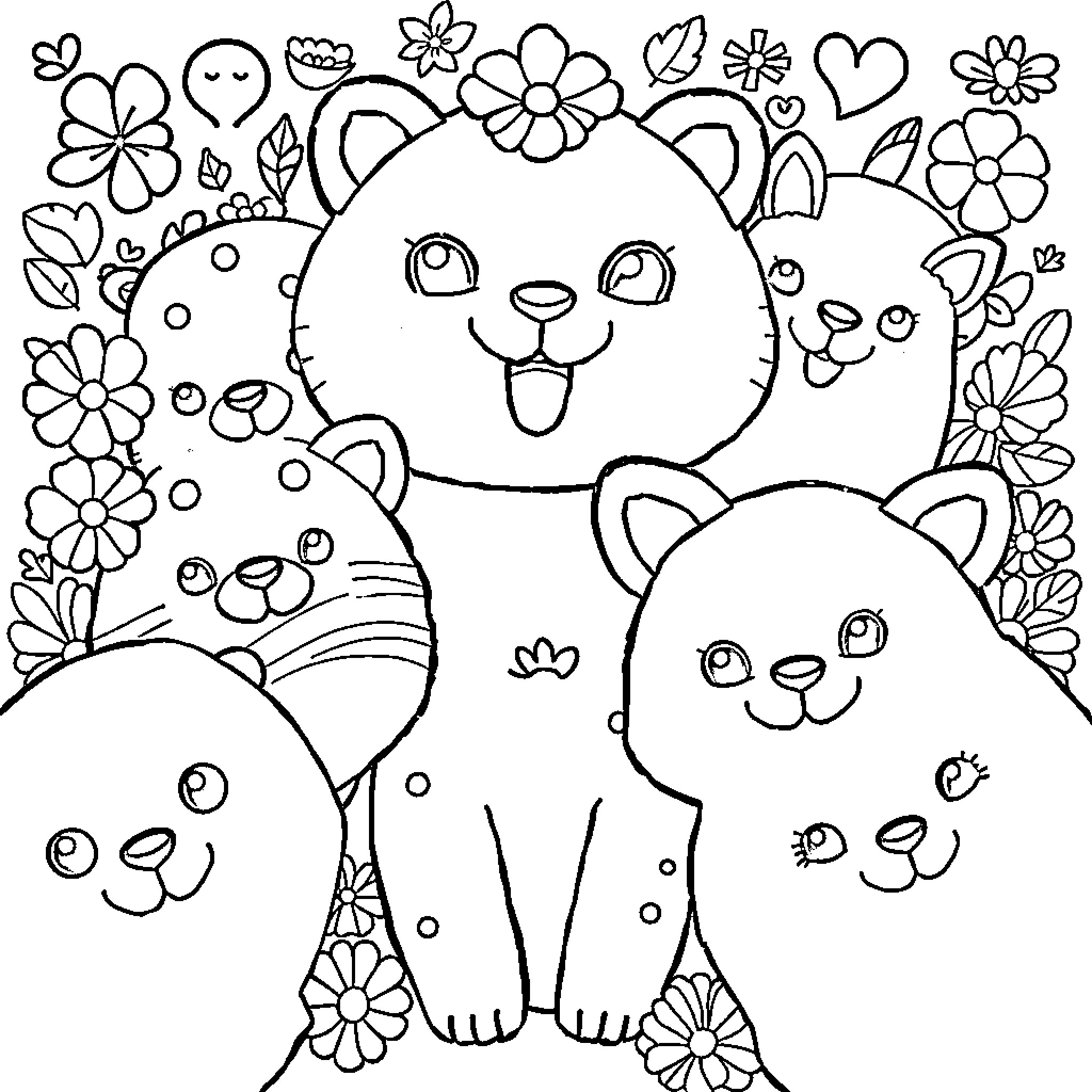 Kawaii Cats Playing in Floral Garden Coloring Page (free black-and-white line drawing printable PDF for all, from beginners to advanced learners, including children, teens, adults, and seniors)