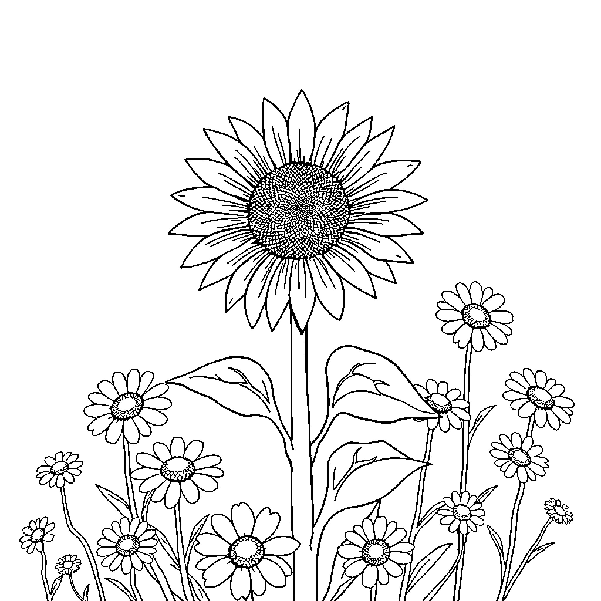 Sunflower field with blooming flowers Coloring Page (free black-and-white line drawing printable PDF for all, from beginners to advanced learners, including children, teens, adults, and seniors)
