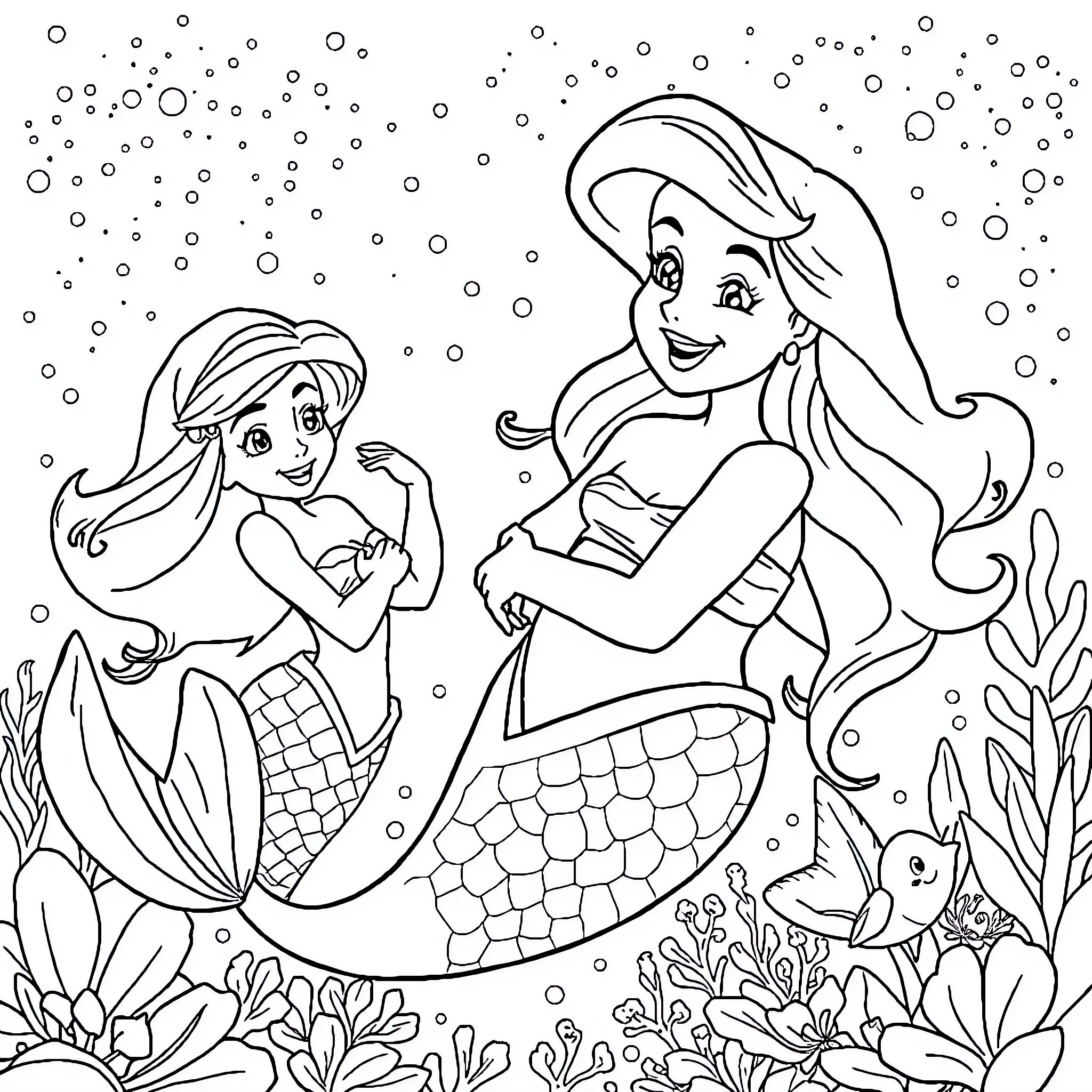 Ariel and the Mermaid Sisters Explore the Ocean Depths Coloring Page (free black-and-white line drawing printable PDF for all, from beginners to advanced learners, including children, teens, adults, and seniors)