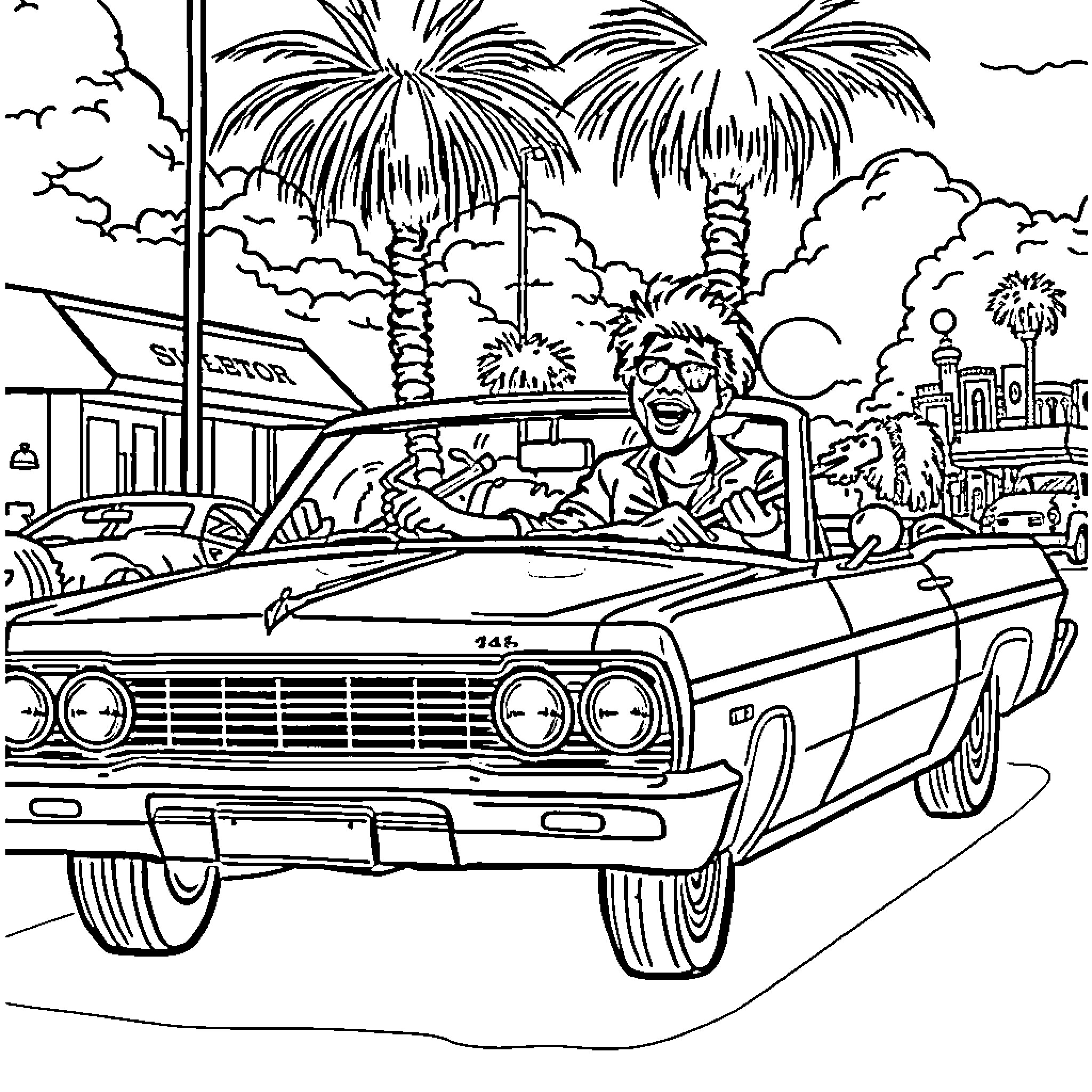 Cheech and Chong's Groovy Palm Tree Ride Coloring Page (free black-and-white line drawing printable PDF for all, from beginners to advanced learners, including children, teens, adults, and seniors)