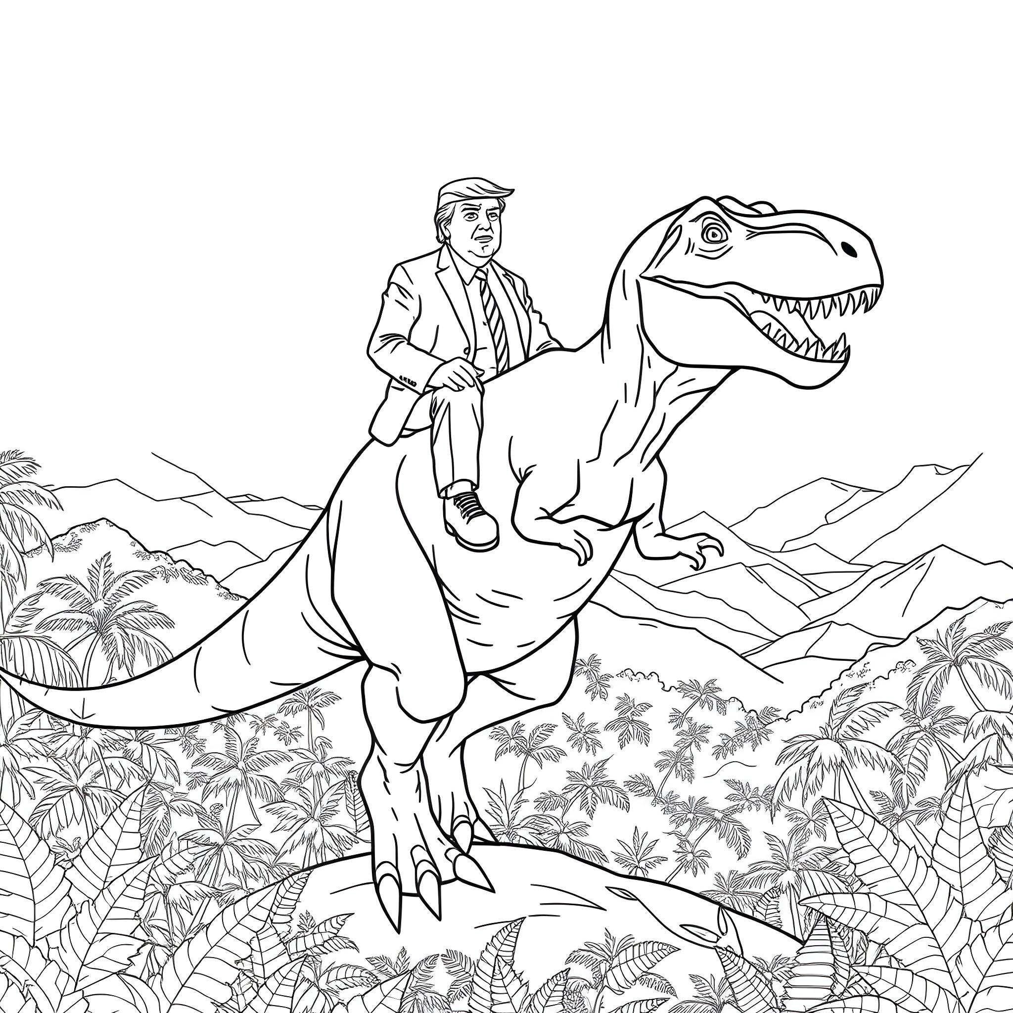 Donald Trump Riding a Tyrannosaurus Rex in a Jungle Landscape Coloring Page (free black-and-white line drawing printable PDF for all, from beginners to advanced learners, including children, teens, adults, and seniors)