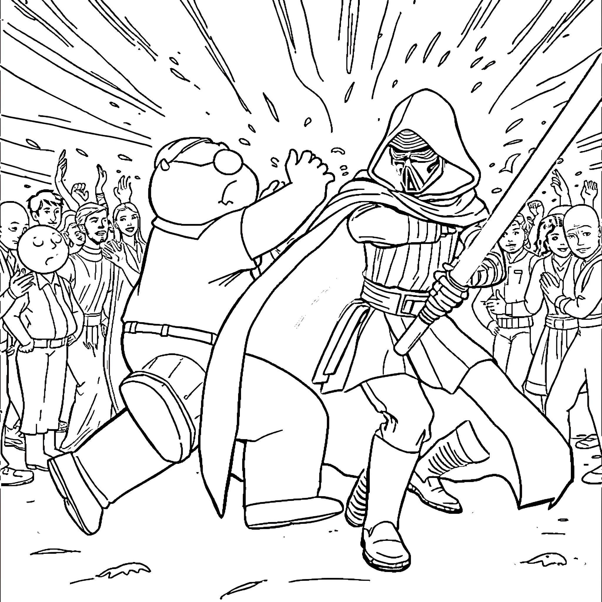 Kylo Ren confronts enemy in dramatic battle scene Coloring Page (free black-and-white line drawing printable PDF for all, from beginners to advanced learners, including children, teens, adults, and seniors)