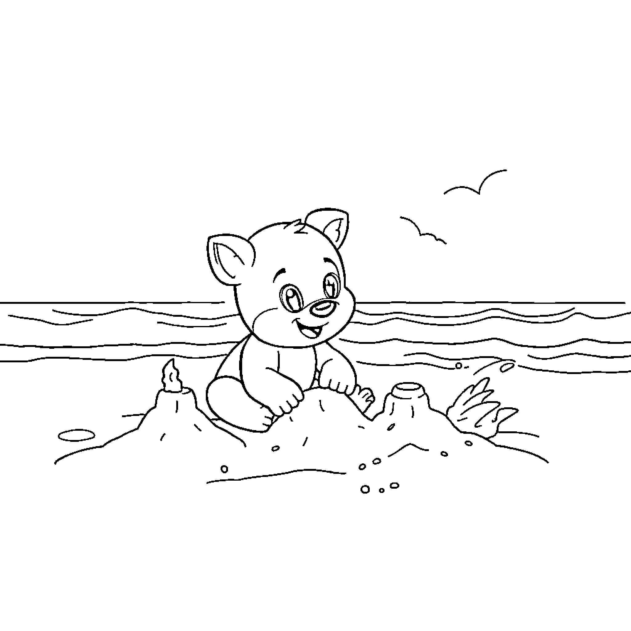Bluey playing in the sand by the ocean Coloring Page (free black-and-white line drawing printable PDF for all, from beginners to advanced learners, including children, teens, adults, and seniors)