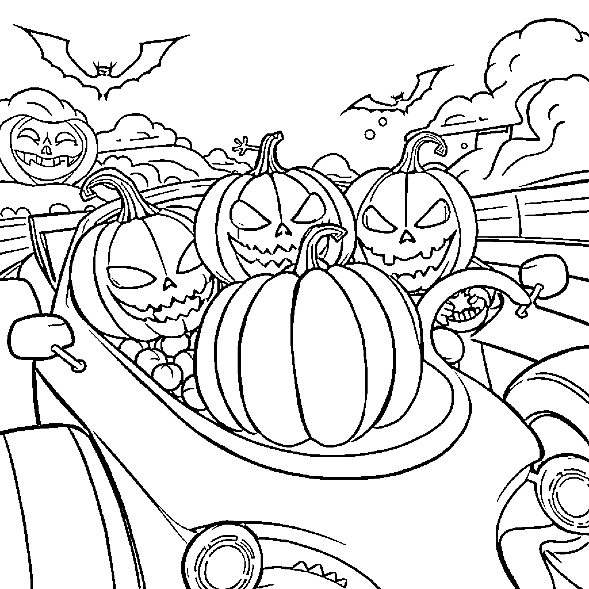 Pumpkins in a Spooky Halloween Scene Coloring Page (free black-and-white line drawing printable PDF for all, from beginners to advanced learners, including children, teens, adults, and seniors)