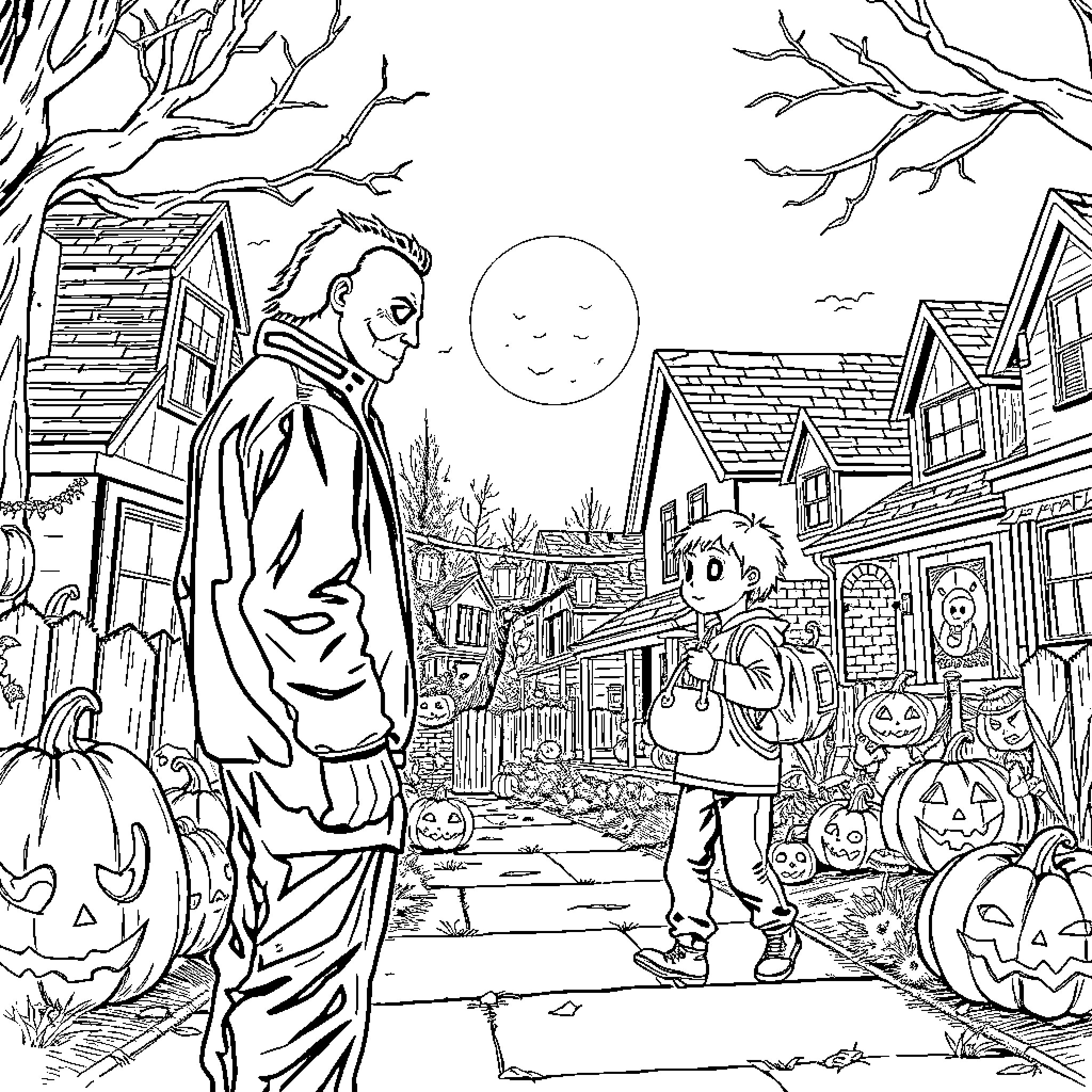 Michael Myers stalking in a spooky neighborhood Coloring Page (free black-and-white line drawing printable PDF for all, from beginners to advanced learners, including children, teens, adults, and seniors)