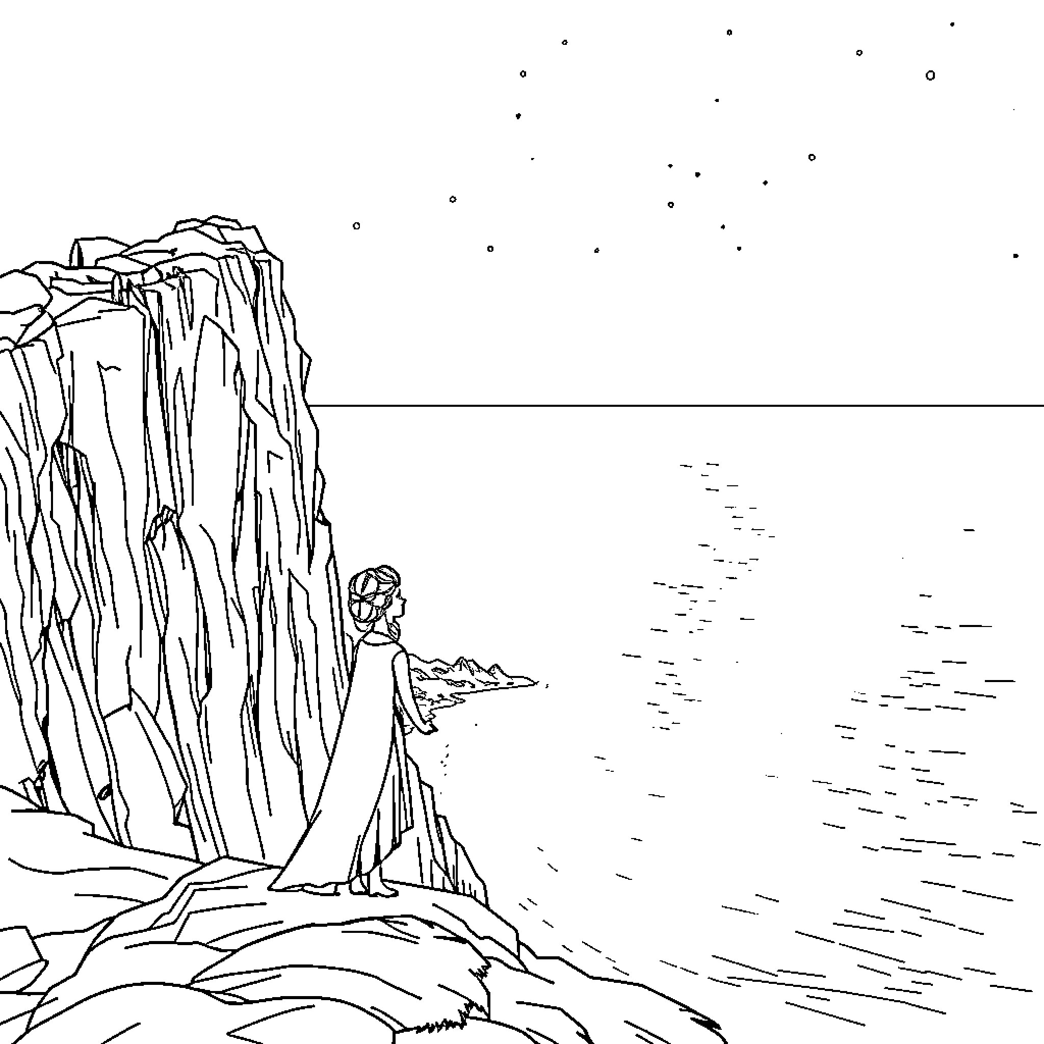 Elsa admiring the magical frozen landscape Coloring Page (free black-and-white line drawing printable PDF for all, from beginners to advanced learners, including children, teens, adults, and seniors)