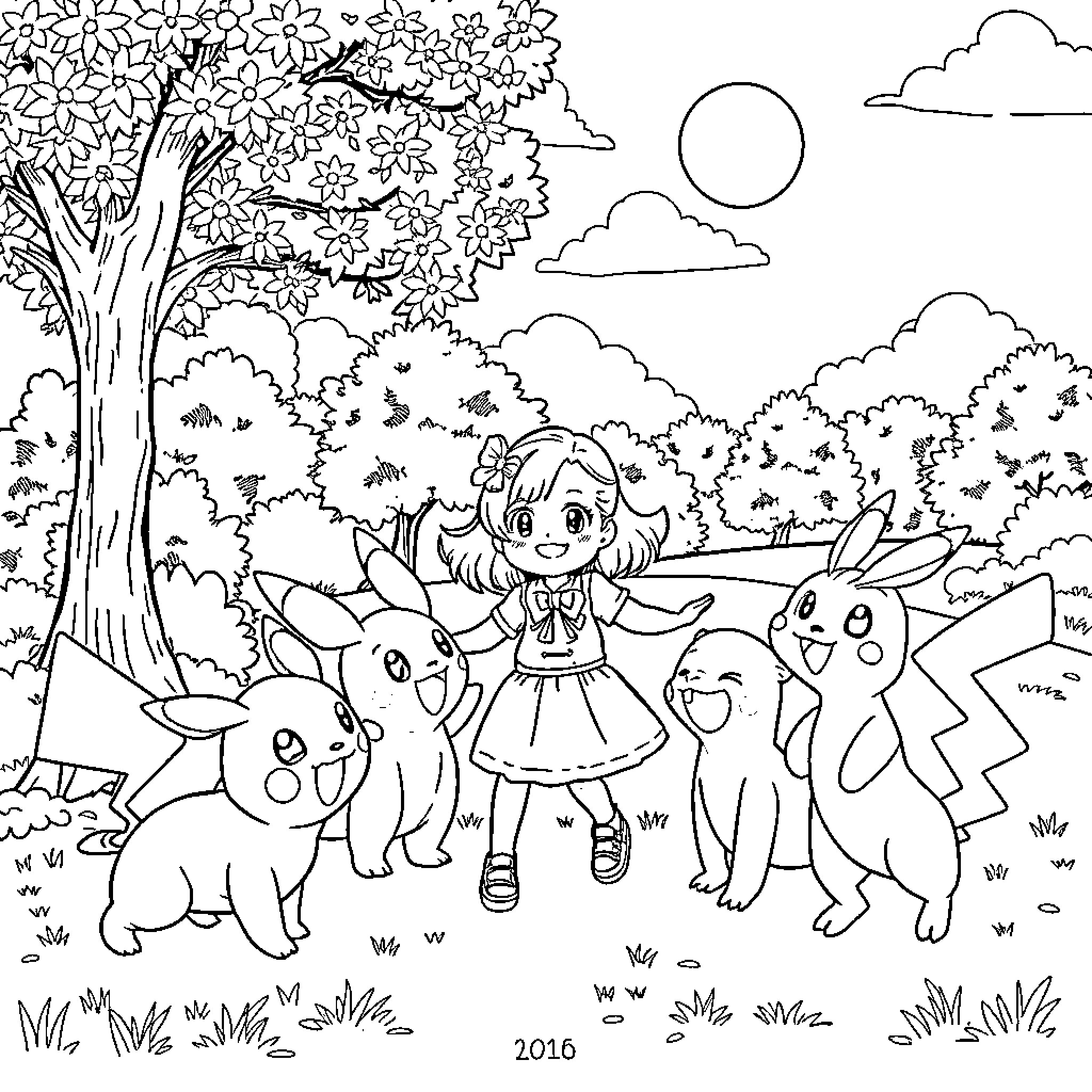 Girl playing with cute Pokemon characters in a scenic forest Coloring Page (free black-and-white line drawing printable PDF for all, from beginners to advanced learners, including children, teens, adults, and seniors)