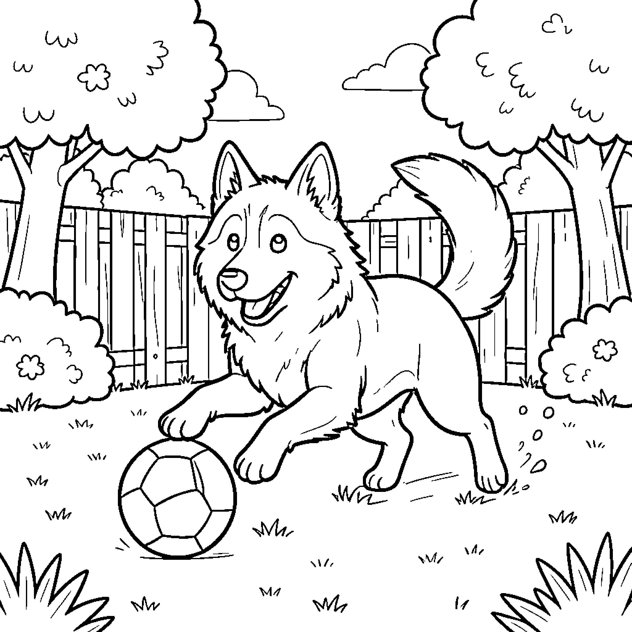 Husky playing joyfully with a soccer ball outdoors Coloring Page (free black-and-white line drawing printable PDF for all, from beginners to advanced learners, including children, teens, adults, and seniors)