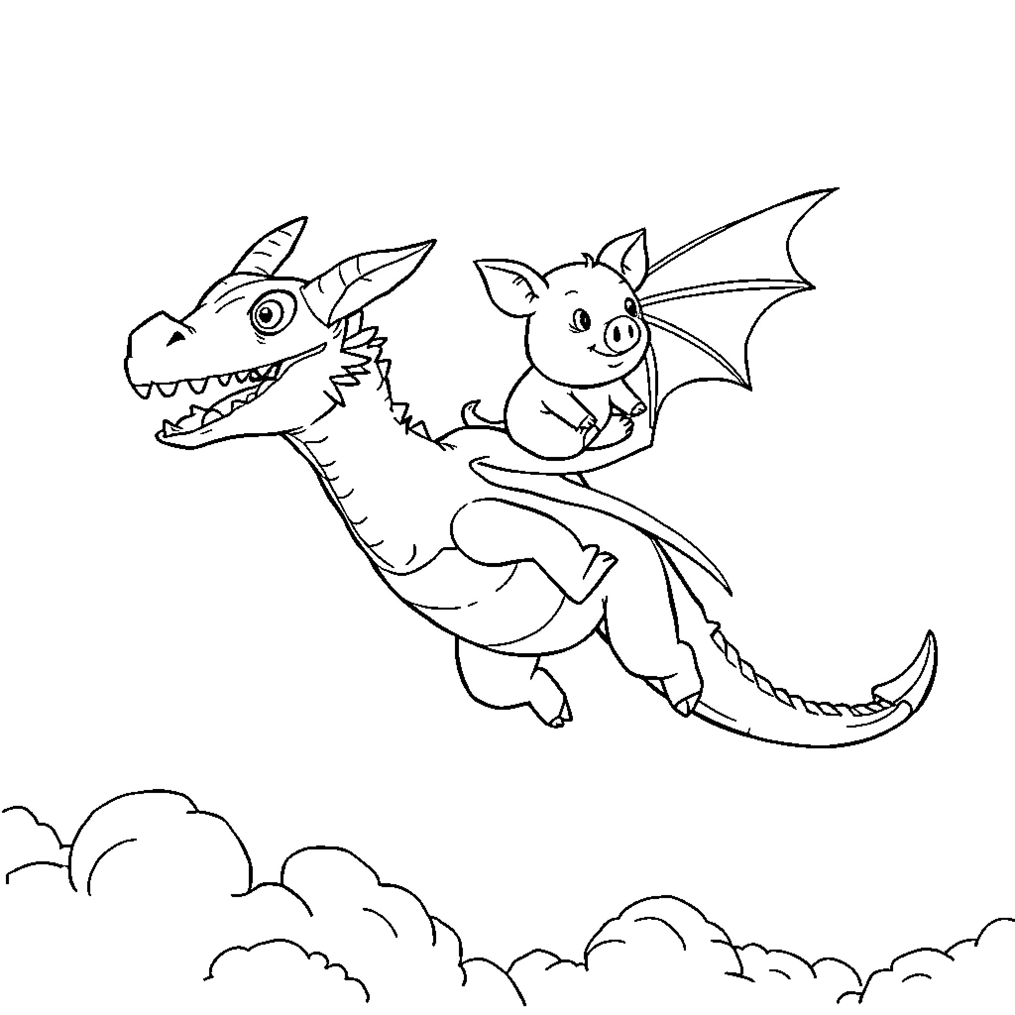 Pig dragon and piglet soaring through the sky Coloring Page (free black-and-white line drawing printable PDF for all, from beginners to advanced learners, including children, teens, adults, and seniors)