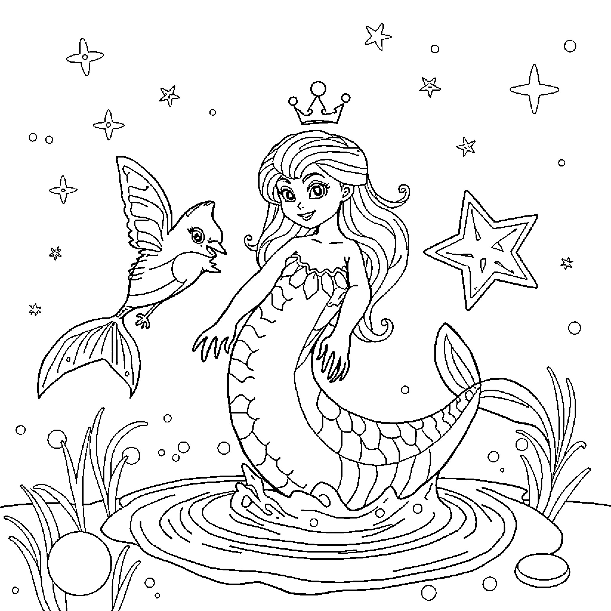 Siren and her underwater kingdom Coloring Page (free black-and-white line drawing printable PDF for all, from beginners to advanced learners, including children, teens, adults, and seniors)