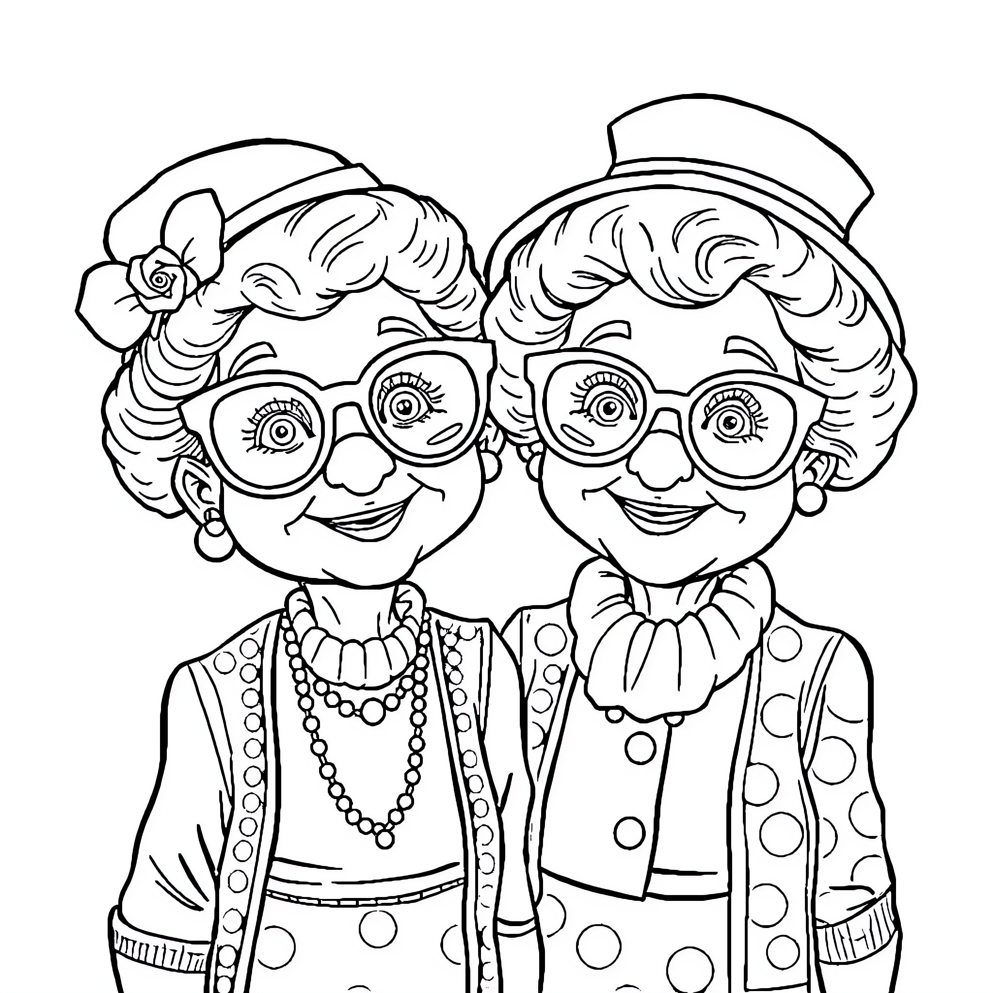 Bluey's Cheerful Grannies in Playful Attire Coloring Page (free black-and-white line drawing printable PDF for all, from beginners to advanced learners, including children, teens, adults, and seniors)