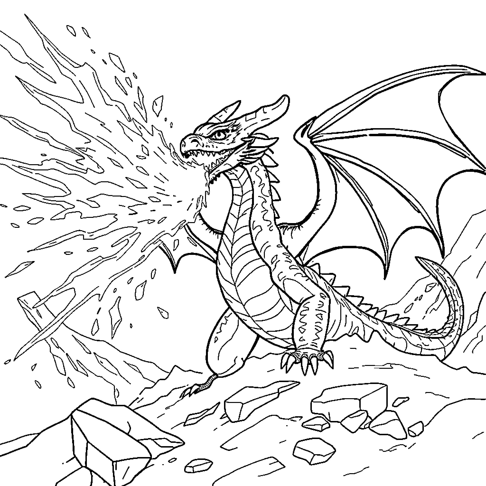 Dragon Breathing Flames and Defending its Hoard Coloring Page (free black-and-white line drawing printable PDF for all, from beginners to advanced learners, including children, teens, adults, and seniors)