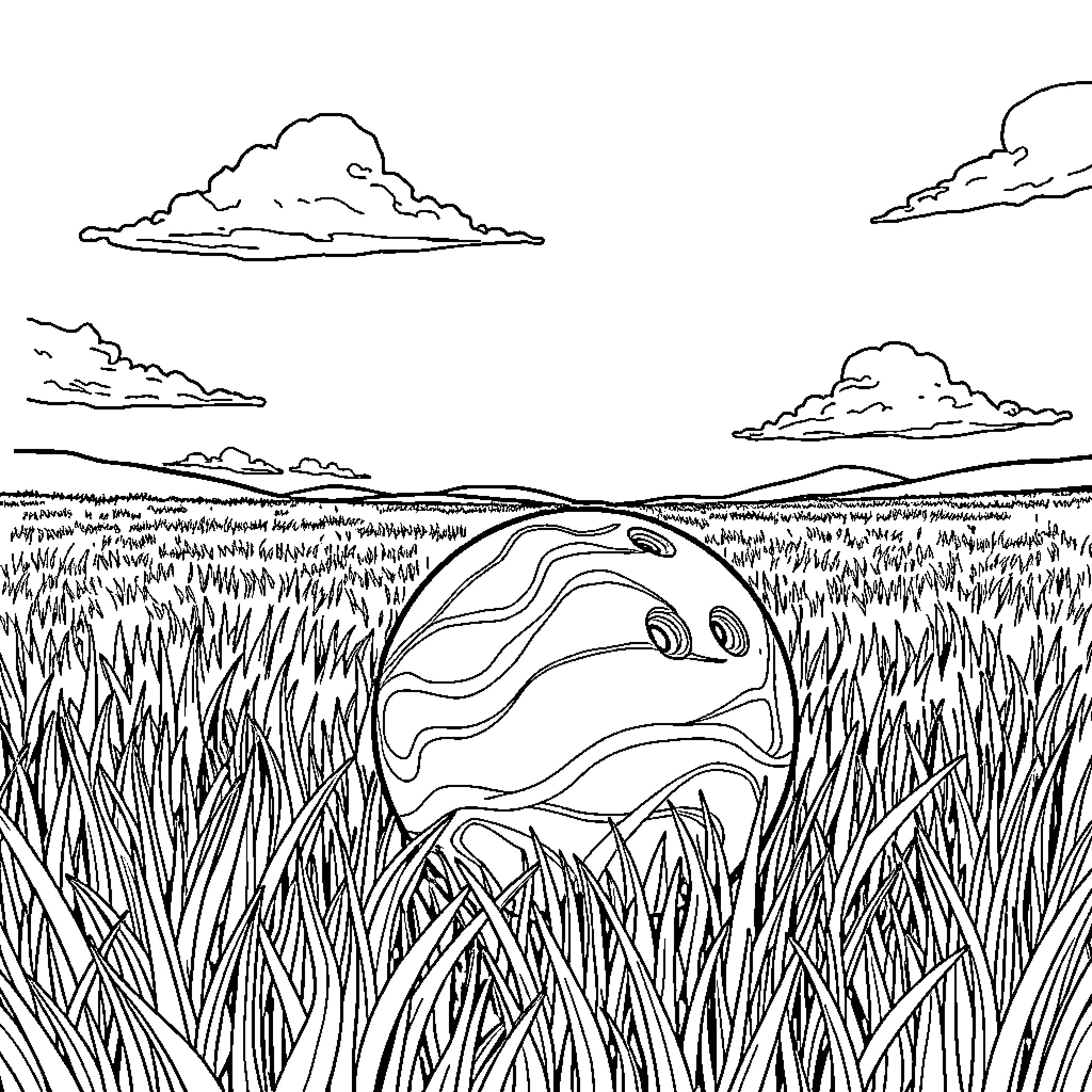 Bowling Ball Lost in the Tall Grass Coloring Page (free black-and-white line drawing printable PDF for all, from beginners to advanced learners, including children, teens, adults, and seniors)