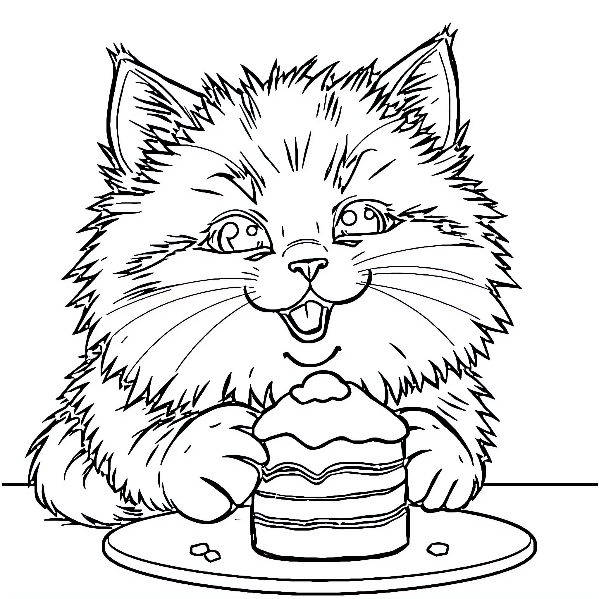 Cat enjoying a delicious cake Coloring Page (free black-and-white line drawing printable PDF for all, from beginners to advanced learners, including children, teens, adults, and seniors)