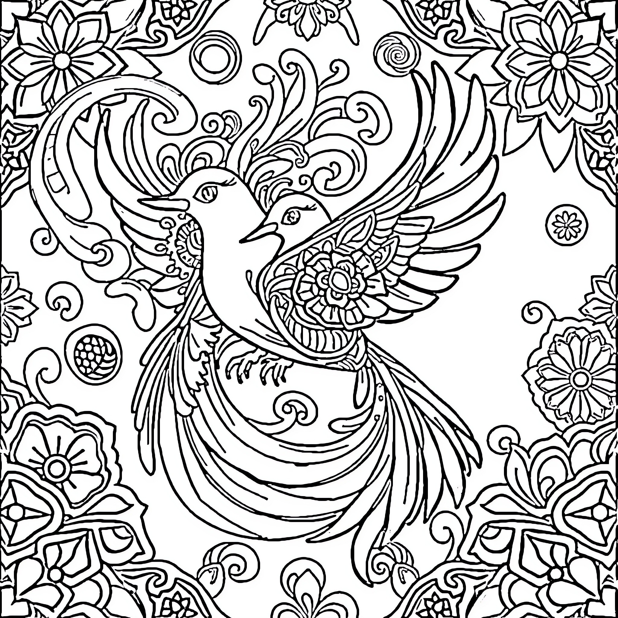 Bird in Ornate Floral Scene Coloring Page (free black-and-white line drawing printable PDF for all, from beginners to advanced learners, including children, teens, adults, and seniors)