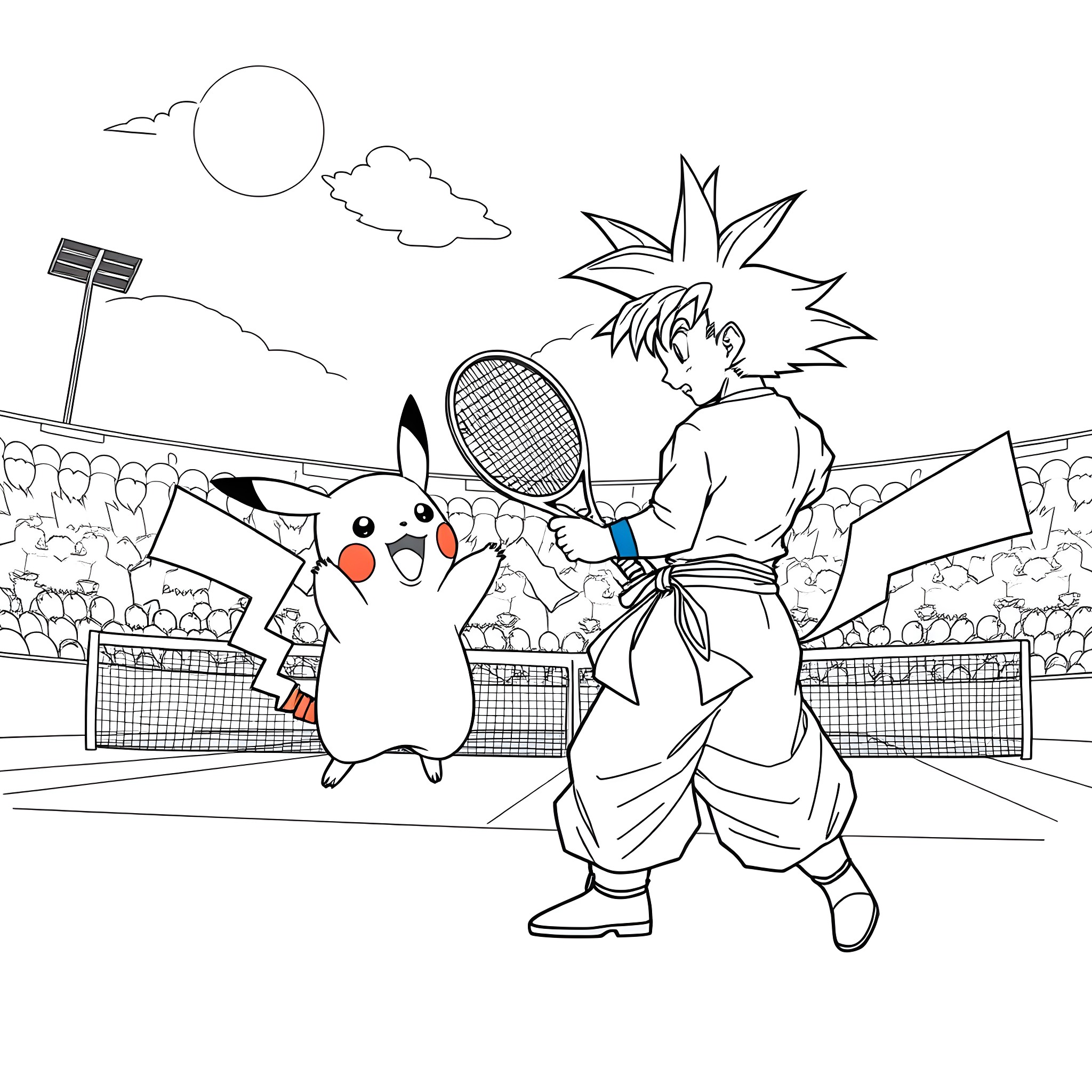 Pikachu and boy playing tennis at stadium Coloring Page (free black-and-white line drawing printable PDF for all, from beginners to advanced learners, including children, teens, adults, and seniors)