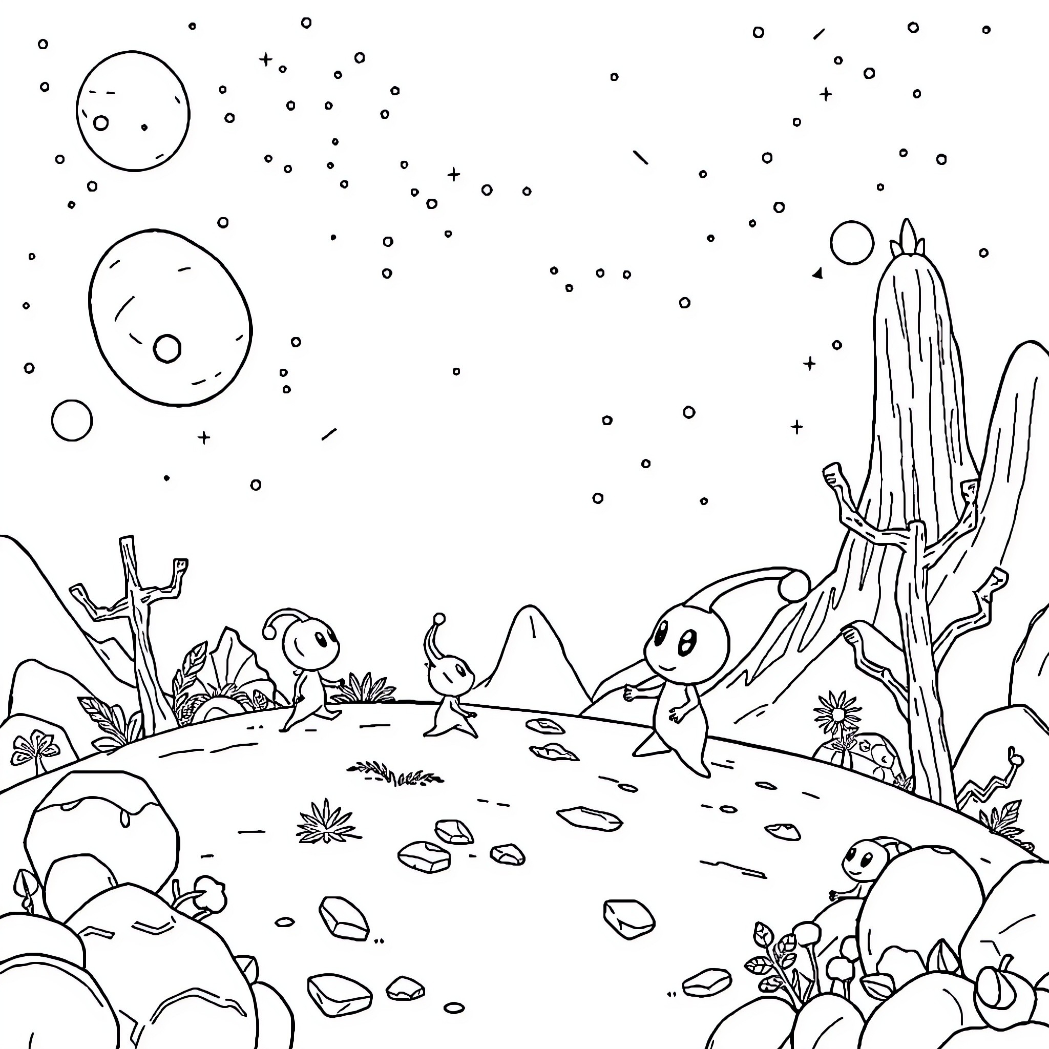 Pikmin exploring whimsical alien landscape Coloring Page (free black-and-white line drawing printable PDF for all, from beginners to advanced learners, including children, teens, adults, and seniors)