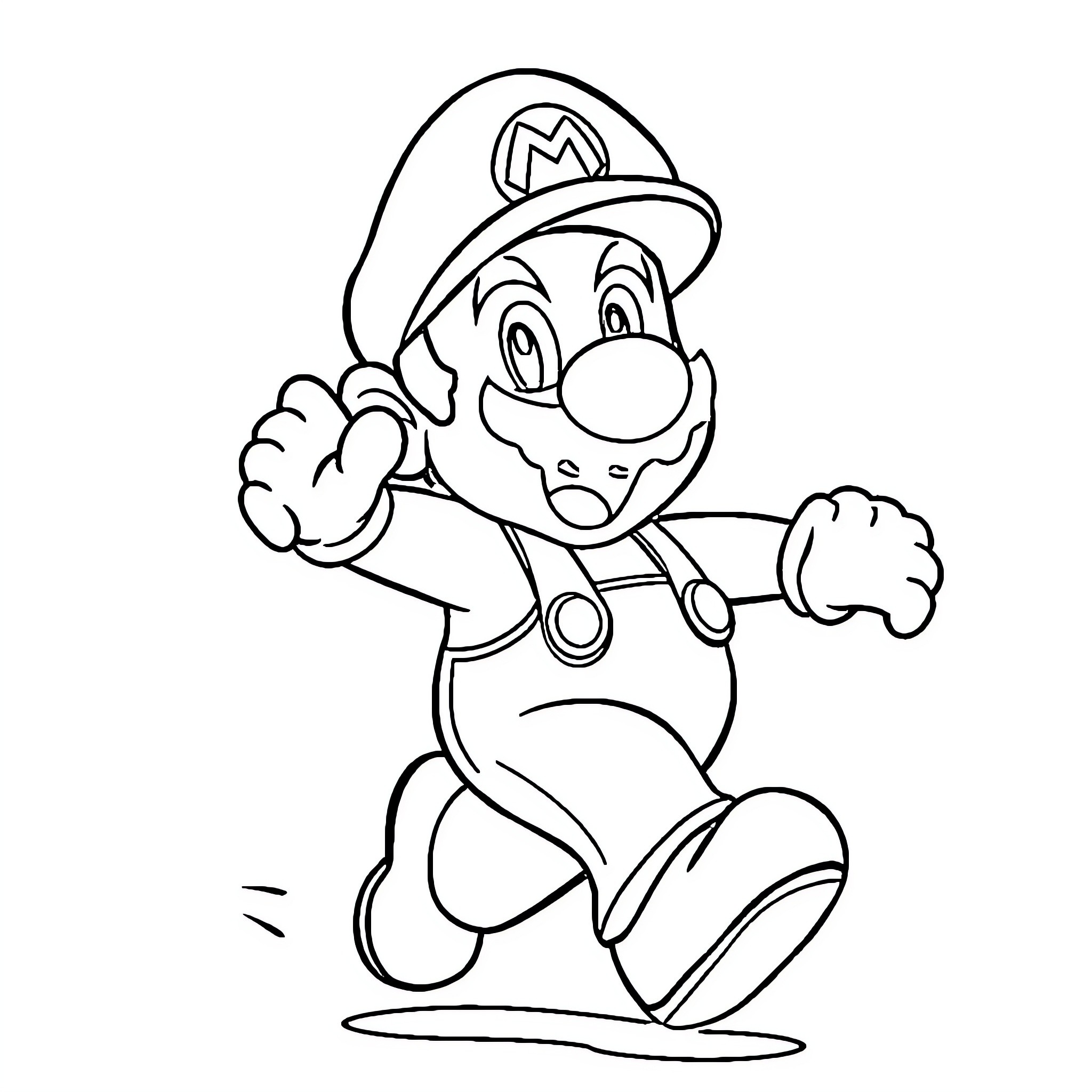 Mario Jumping and Waving Happily Coloring Page (free black-and-white line drawing printable PDF for all, from beginners to advanced learners, including children, teens, adults, and seniors)