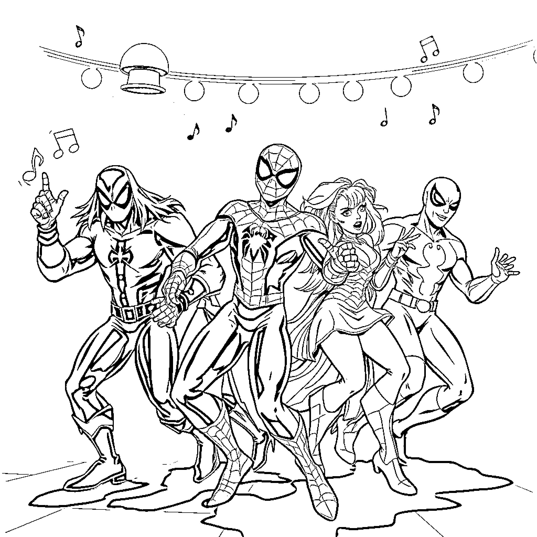 Spiderman and friends dancing under the party lights Coloring Page (free black-and-white line drawing printable PDF for all, from beginners to advanced learners, including children, teens, adults, and seniors)