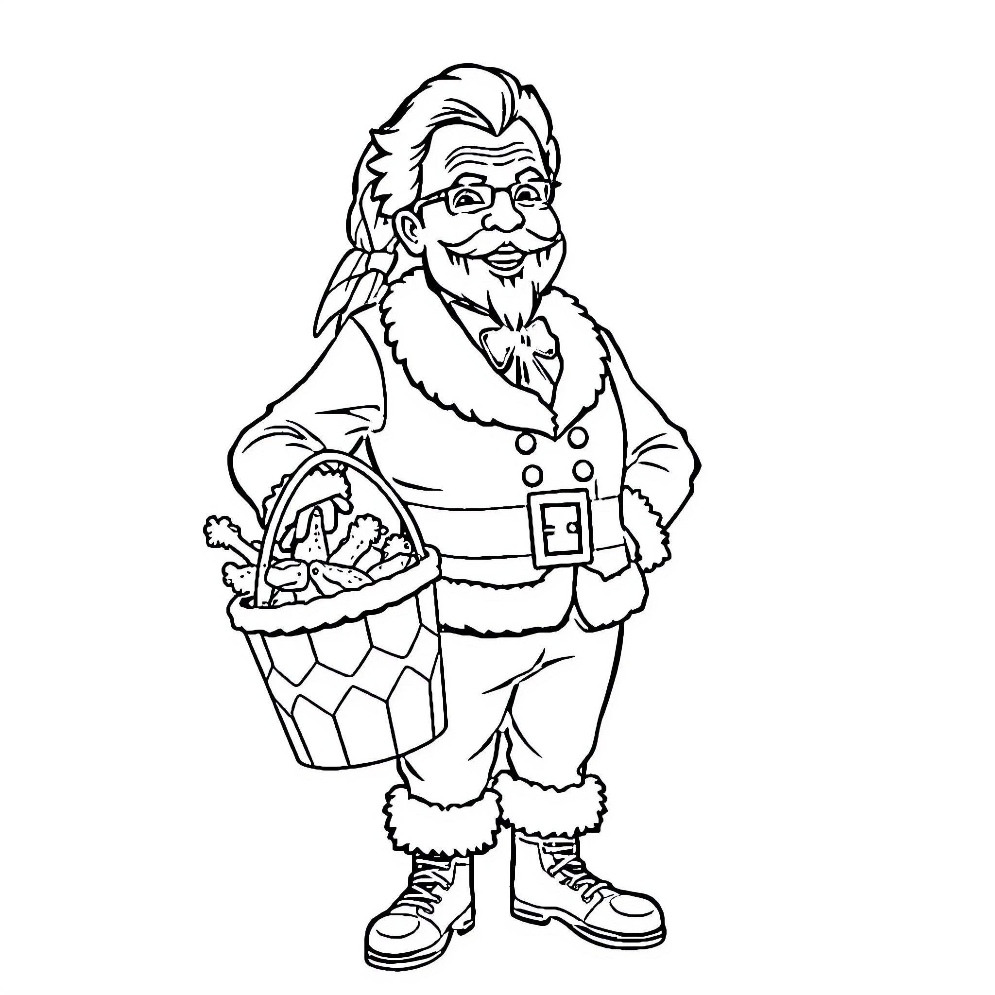 Colonel Sanders Holding a Basket of Goods Coloring Page (free black-and-white line drawing printable PDF for all, from beginners to advanced learners, including children, teens, adults, and seniors)