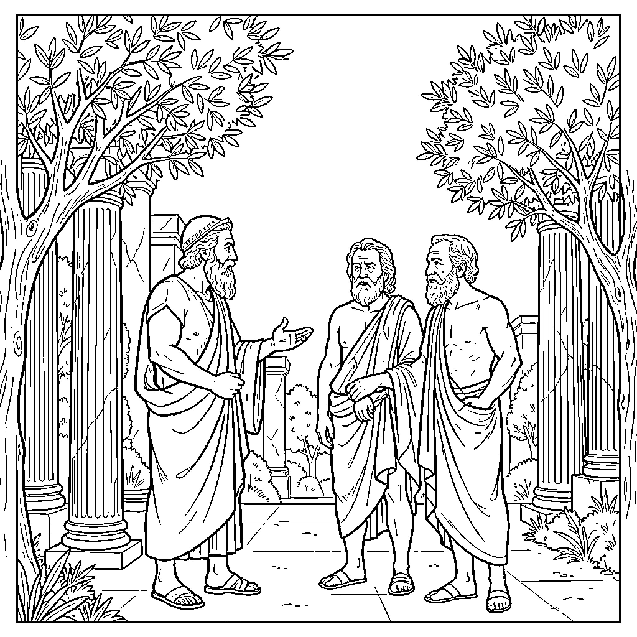 HERMÓGENES Men in philosophical discourse under trees Coloring Page (free black-and-white line drawing printable PDF for all, from beginners to advanced learners, including children, teens, adults, and seniors)