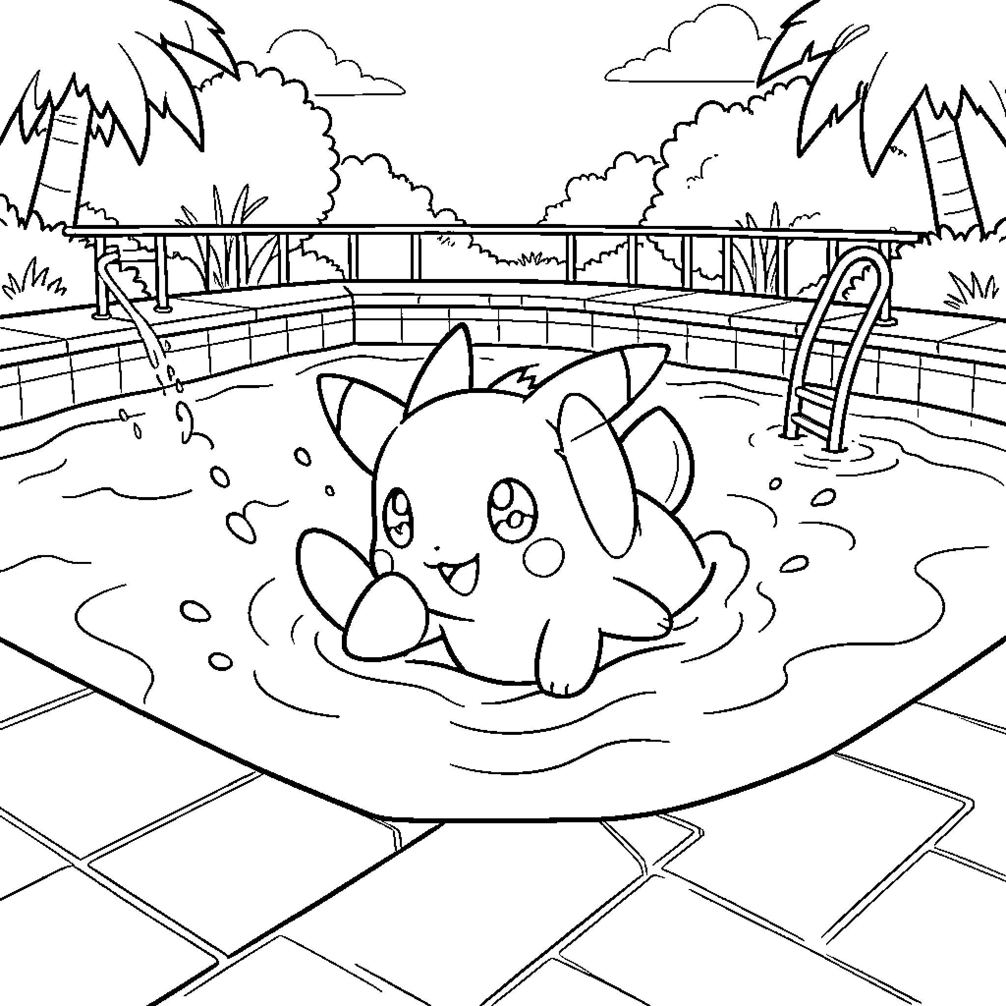Pokémon Pikachu playing happily in a swimming pool Coloring Page (free black-and-white line drawing printable PDF for all, from beginners to advanced learners, including children, teens, adults, and seniors)