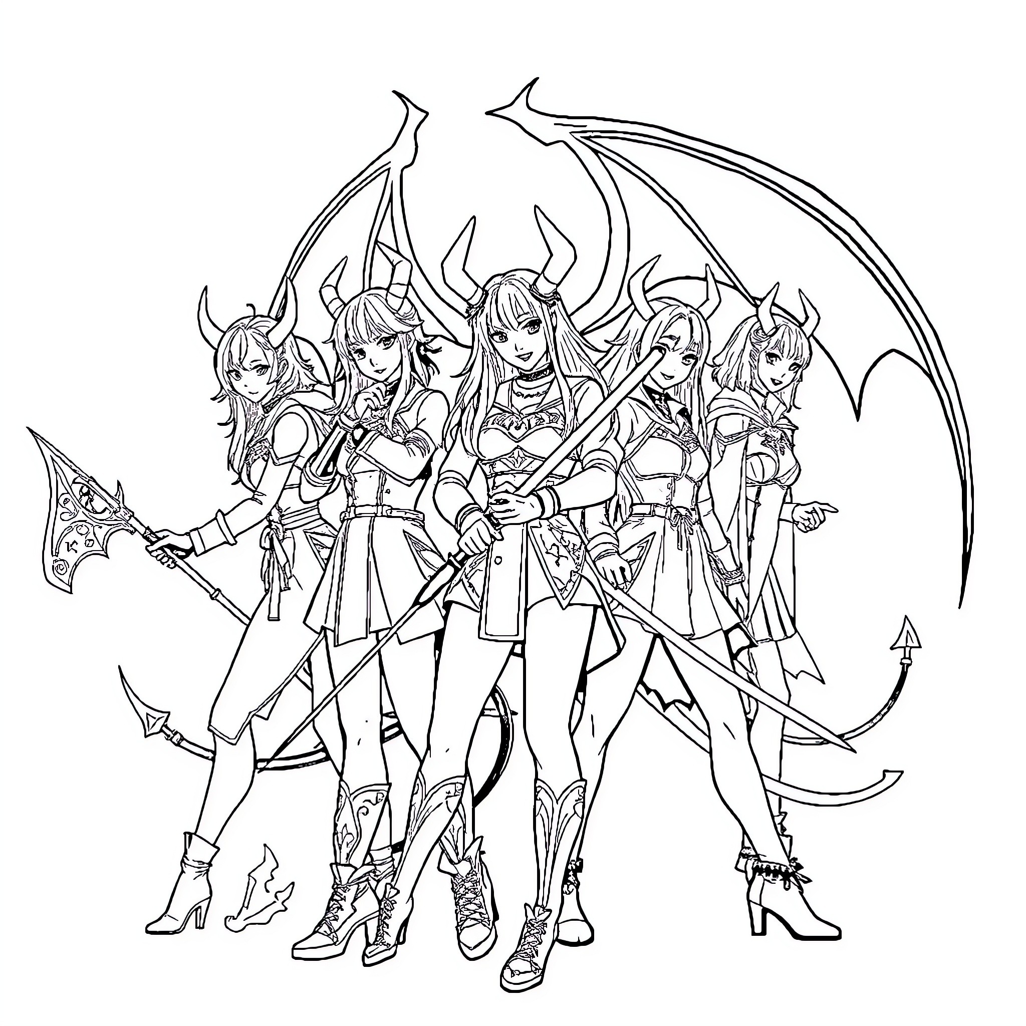 Demon Slayer Heroines in Battle Gear Coloring Page (free black-and-white line drawing printable PDF for all, from beginners to advanced learners, including children, teens, adults, and seniors)