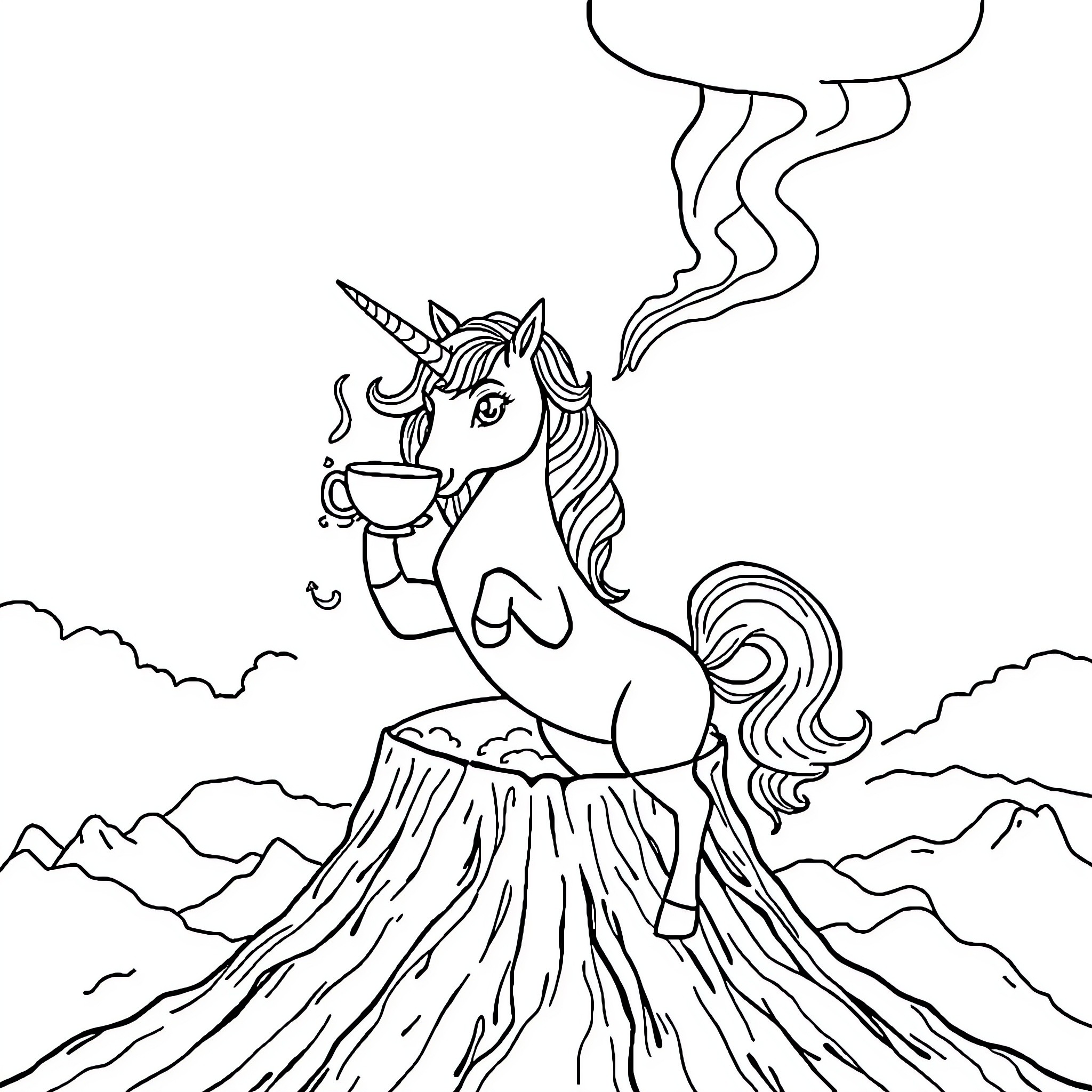 Unicorn enjoying a hot beverage on a mountain top Coloring Page (free black-and-white line drawing printable PDF for all, from beginners to advanced learners, including children, teens, adults, and seniors)